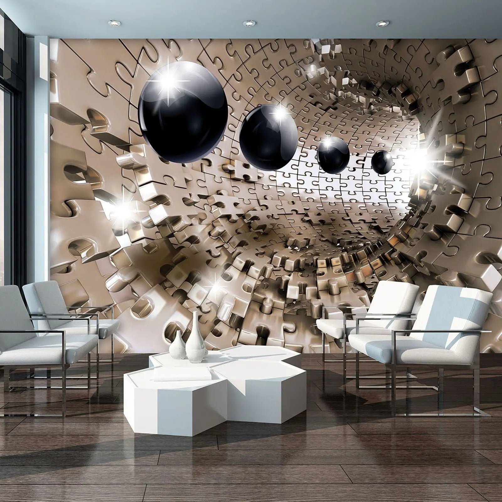 Billede 5 af Fototapet - Guldfarvet puslespilstunnel med sorte kugler