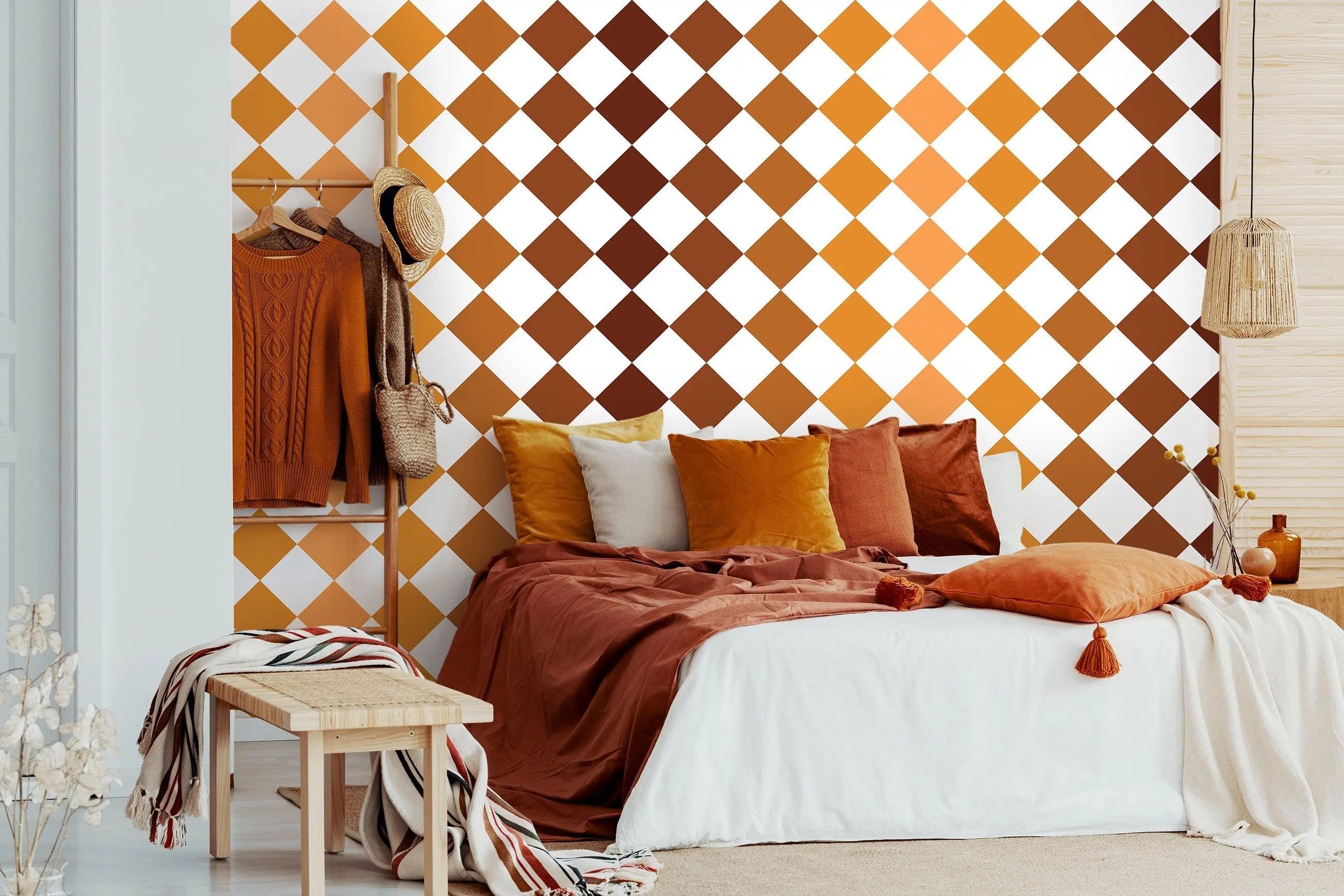 Billede 11 af Fototapet - Gulvflisemønster med brune og orange romber