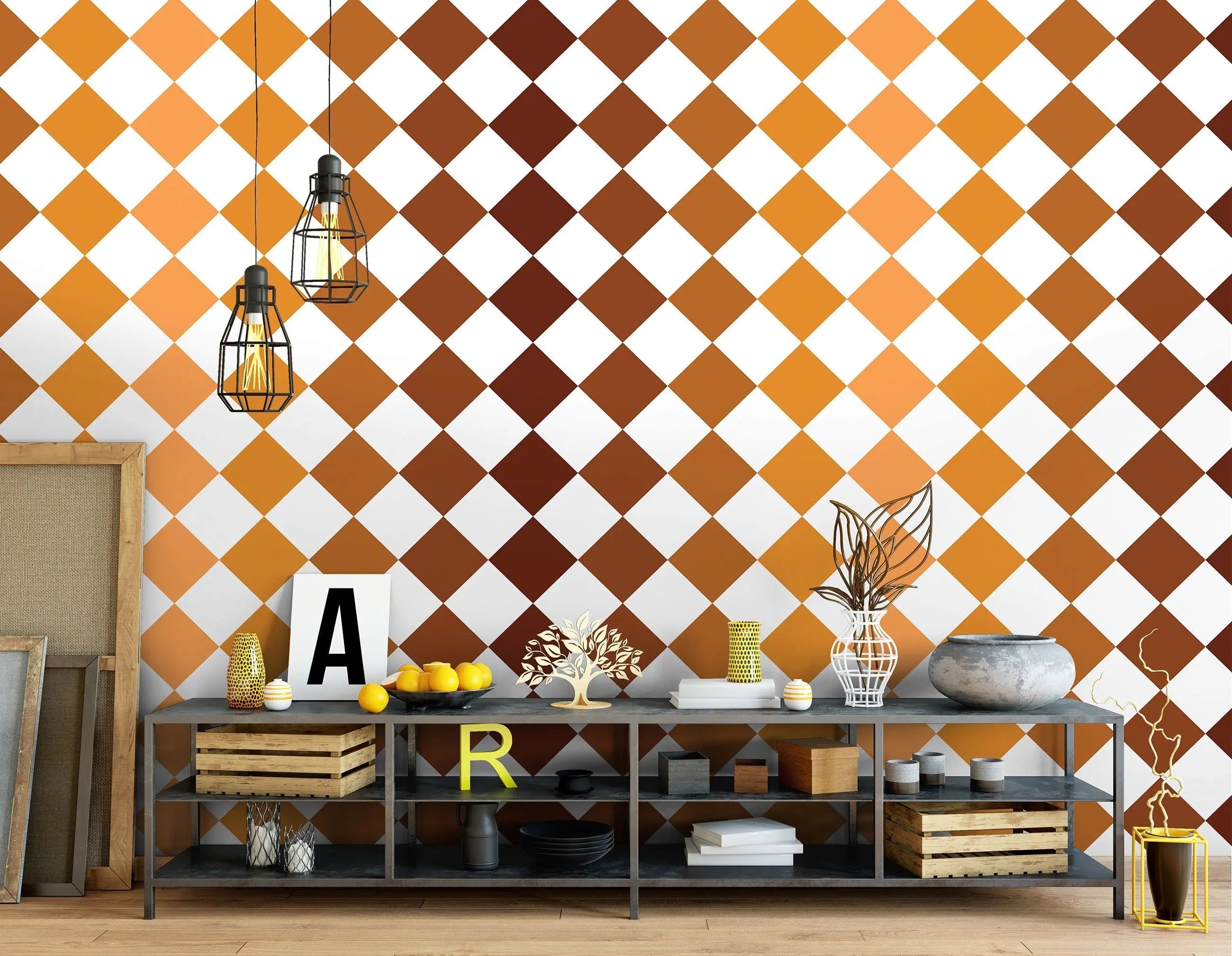 Billede 12 af Fototapet - Gulvflisemønster med brune og orange romber
