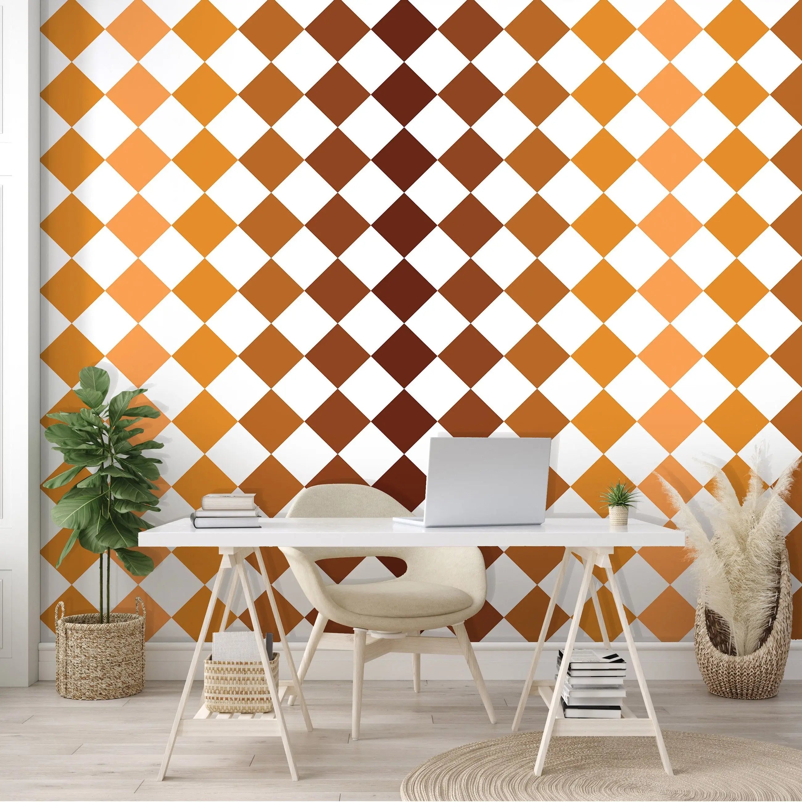 Billede 13 af Fototapet - Gulvflisemønster med brune og orange romber