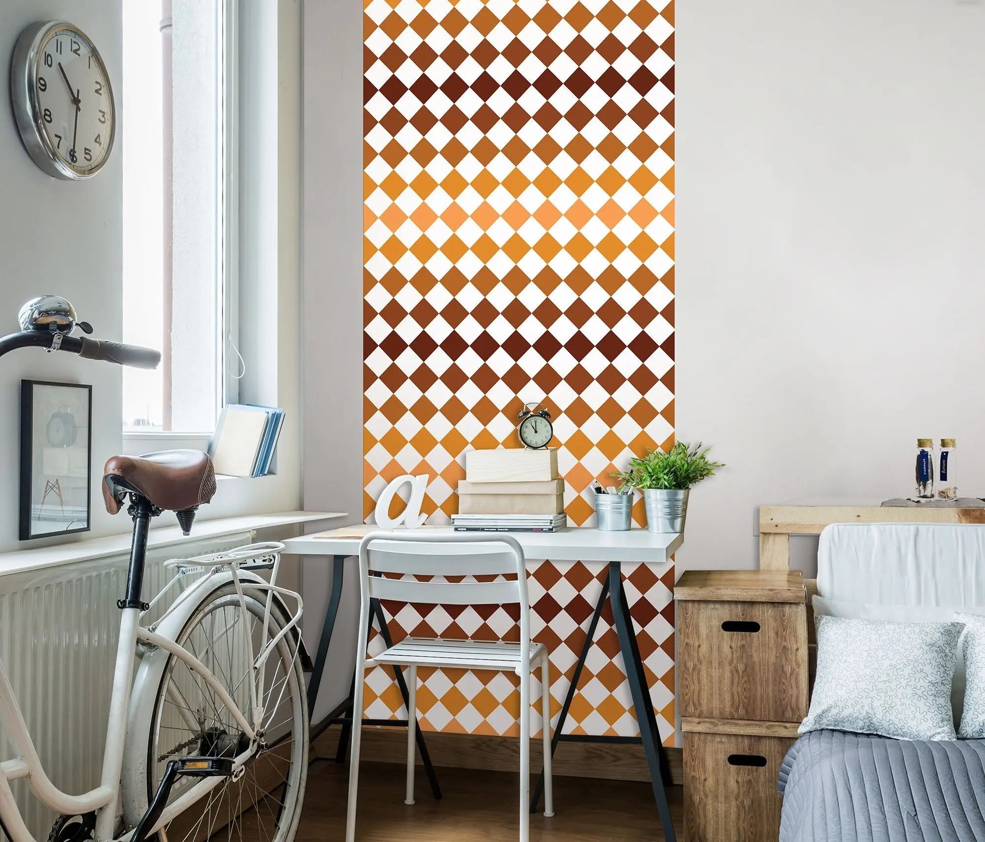 Billede 4 af Fototapet - Gulvflisemønster med brune og orange romber