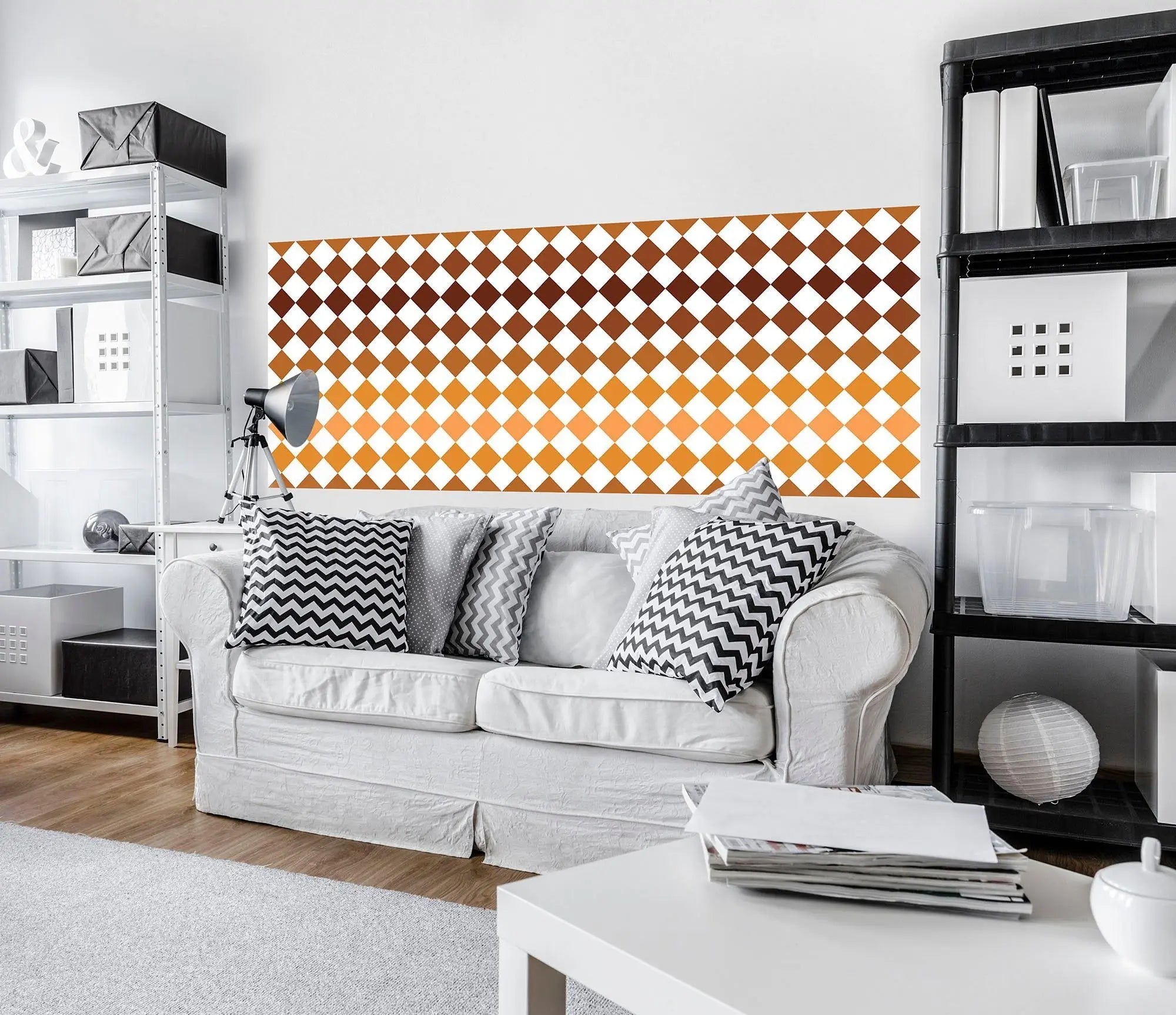 Billede 5 af Fototapet - Gulvflisemønster med brune og orange romber