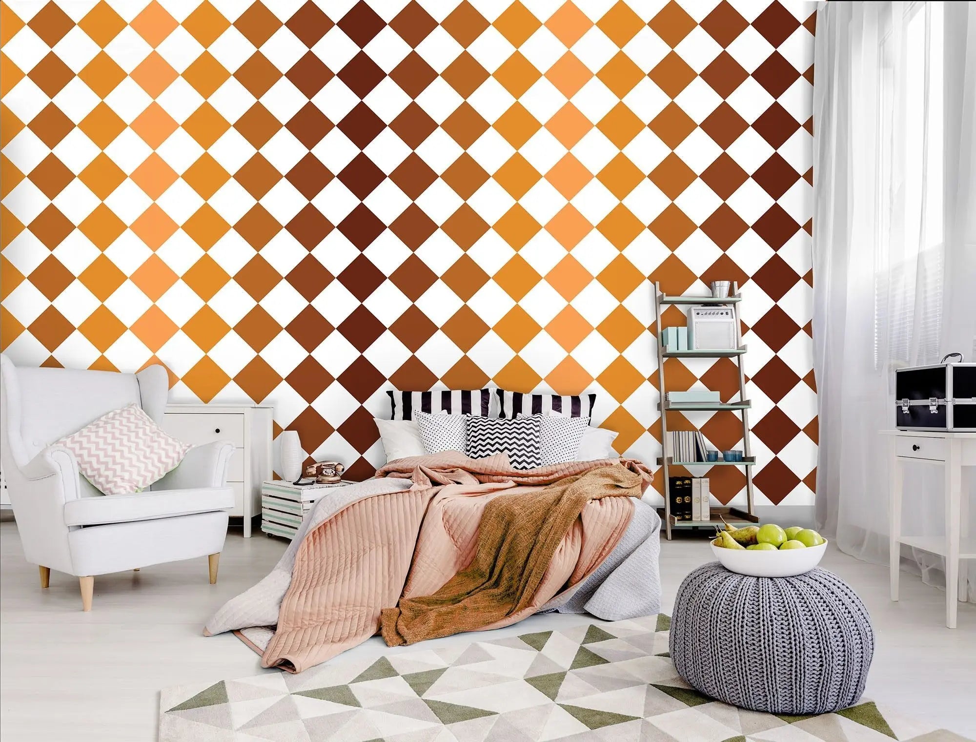 Billede 6 af Fototapet - Gulvflisemønster med brune og orange romber