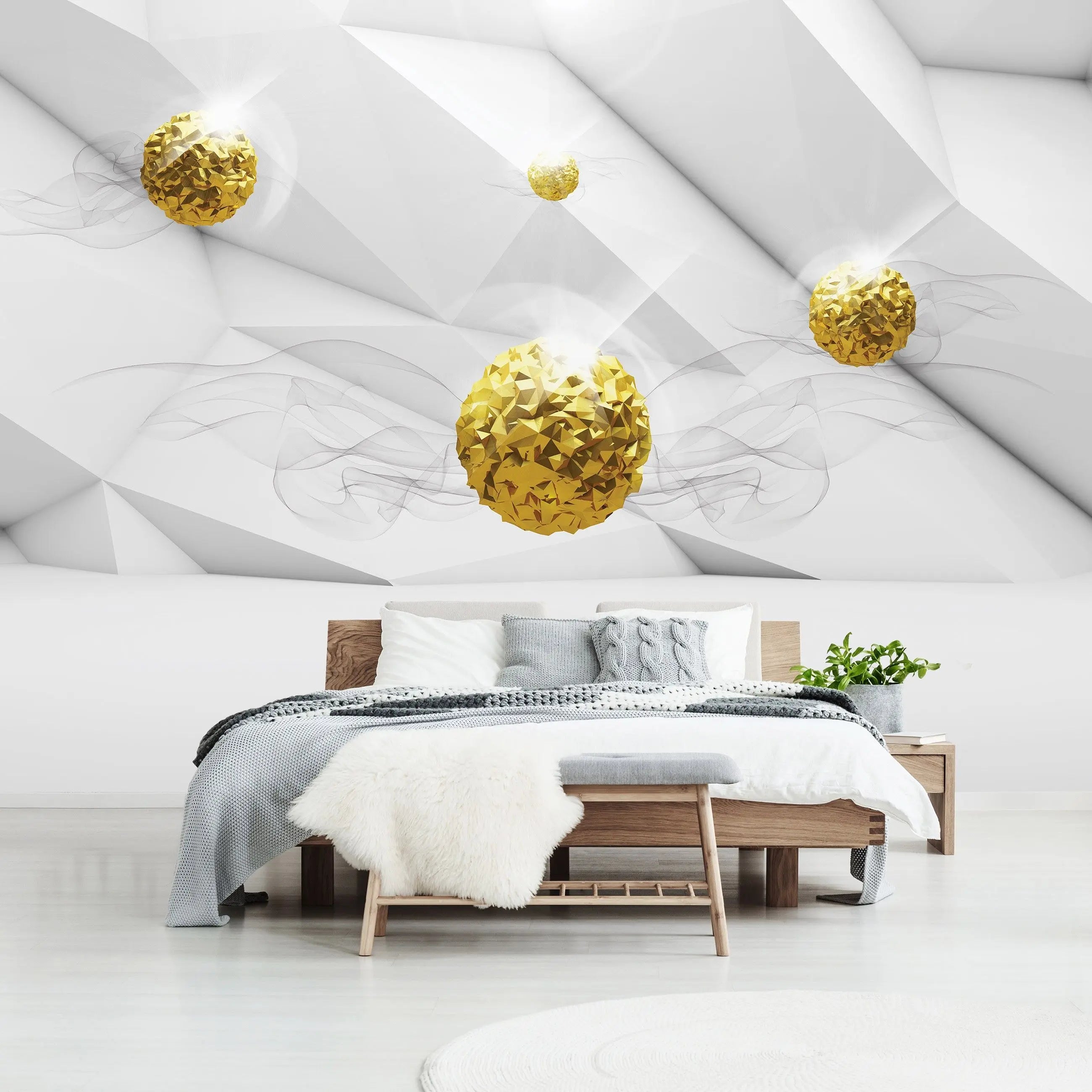 Billede 12 af Fototapet - Gyldne polygonale kugler på hvid geometrisk baggrund