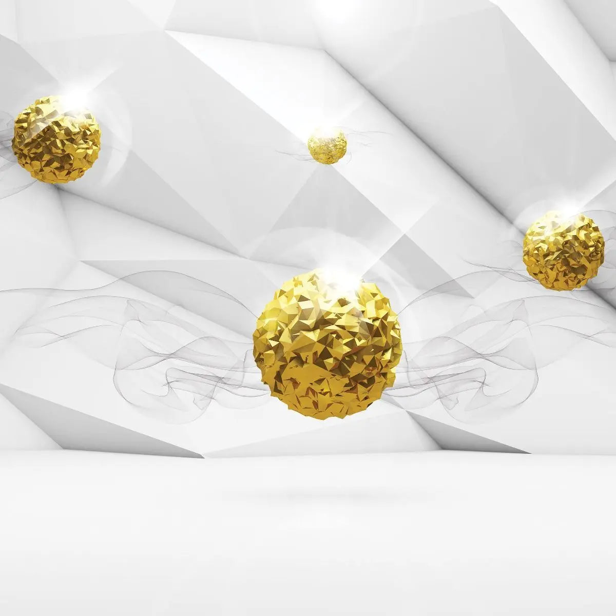 Billede 6 af Fototapet - Gyldne polygonale kugler på hvid geometrisk baggrund