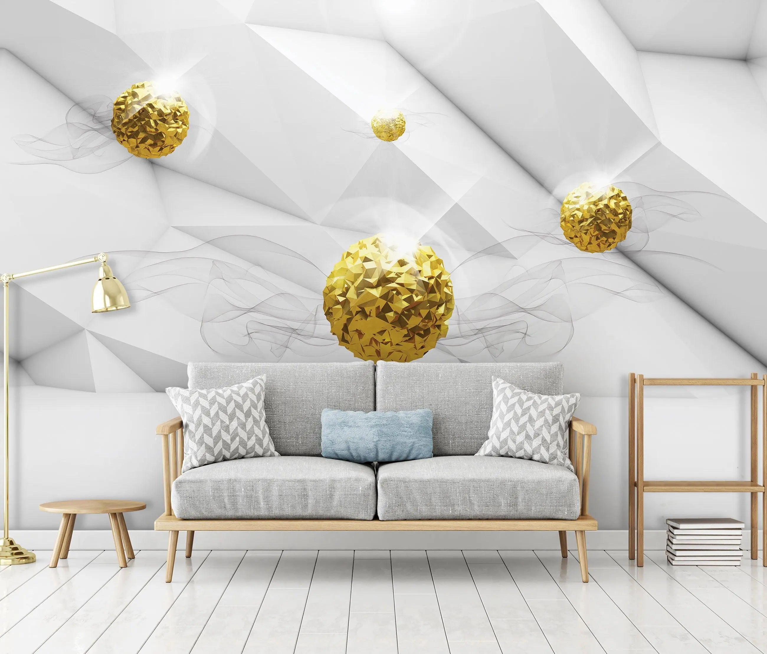 Billede 9 af Fototapet - Gyldne polygonale kugler på hvid geometrisk baggrund