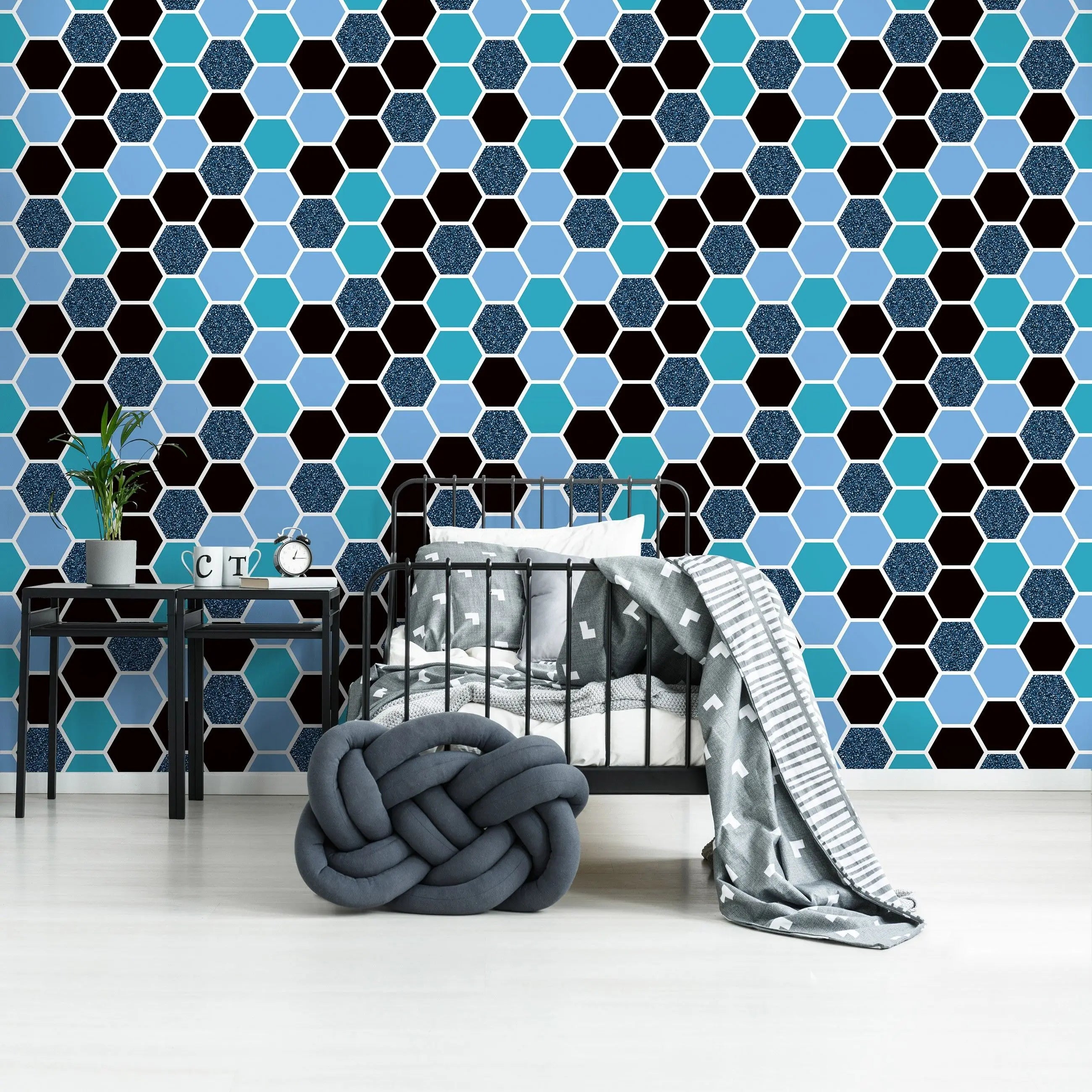 Billede 13 af Fototapet - Hexagonmønster i lyseblå, mørkeblå og sort