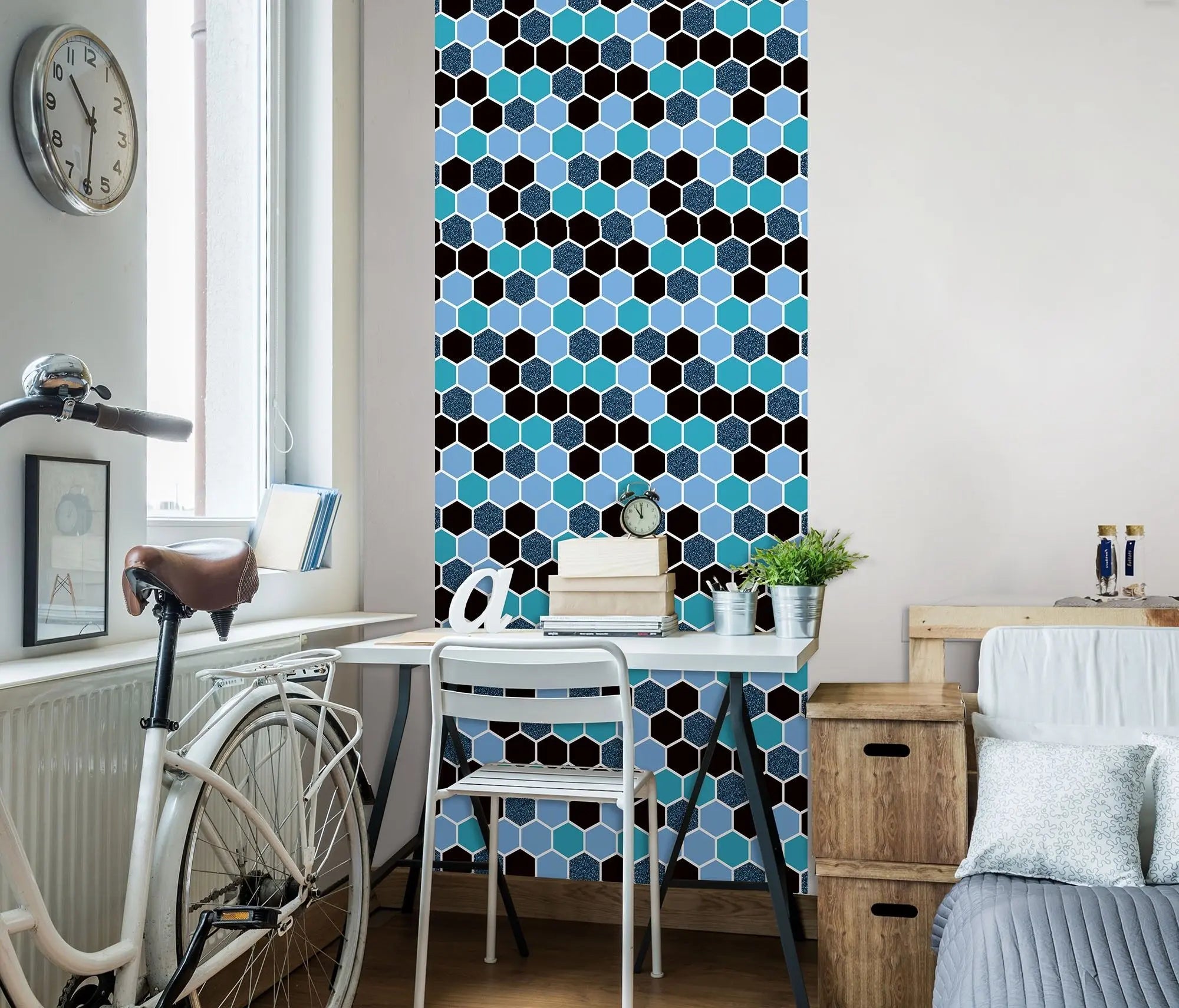 Billede 4 af Fototapet - Hexagonmønster i lyseblå, mørkeblå og sort