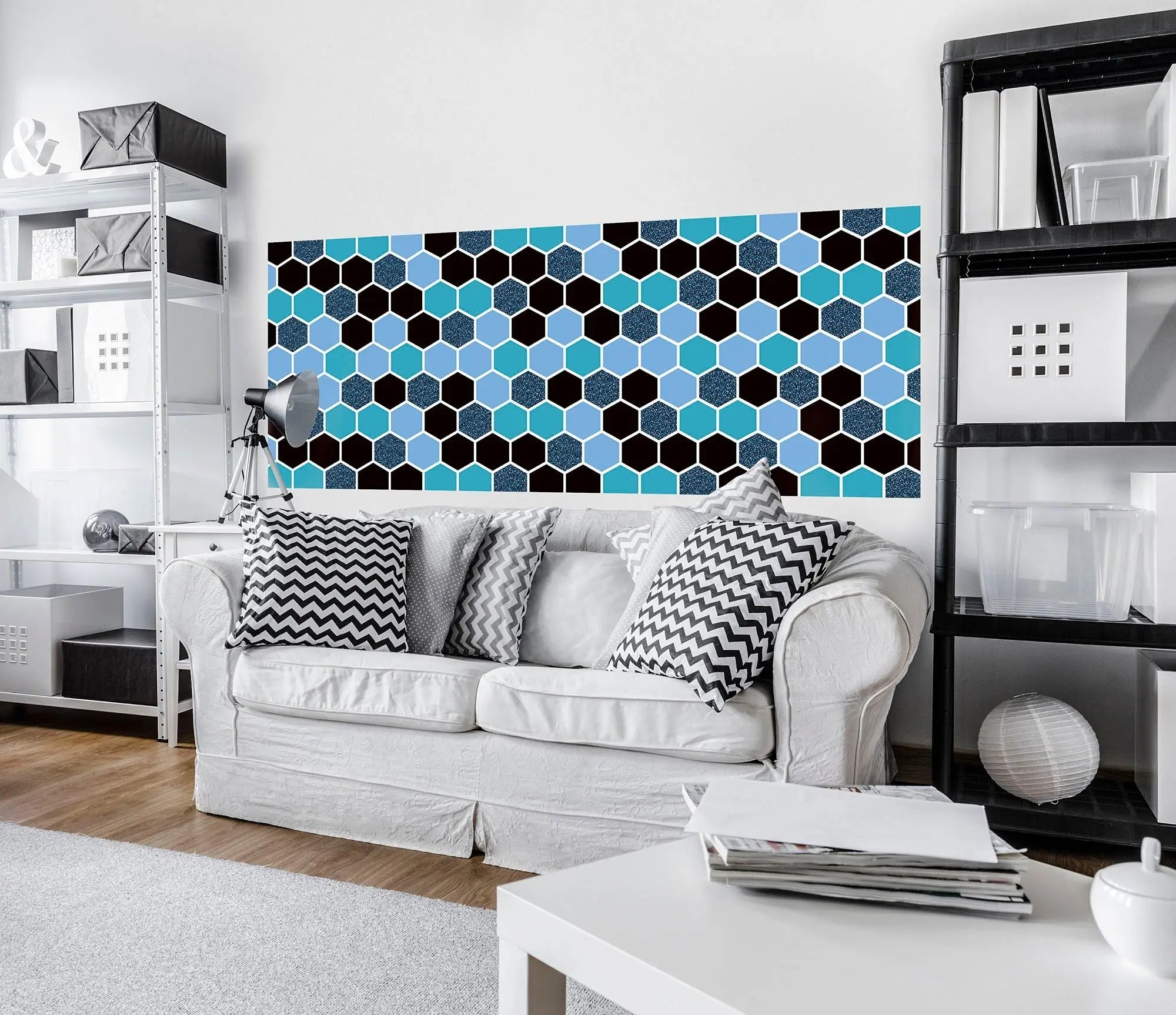 Billede 5 af Fototapet - Hexagonmønster i lyseblå, mørkeblå og sort