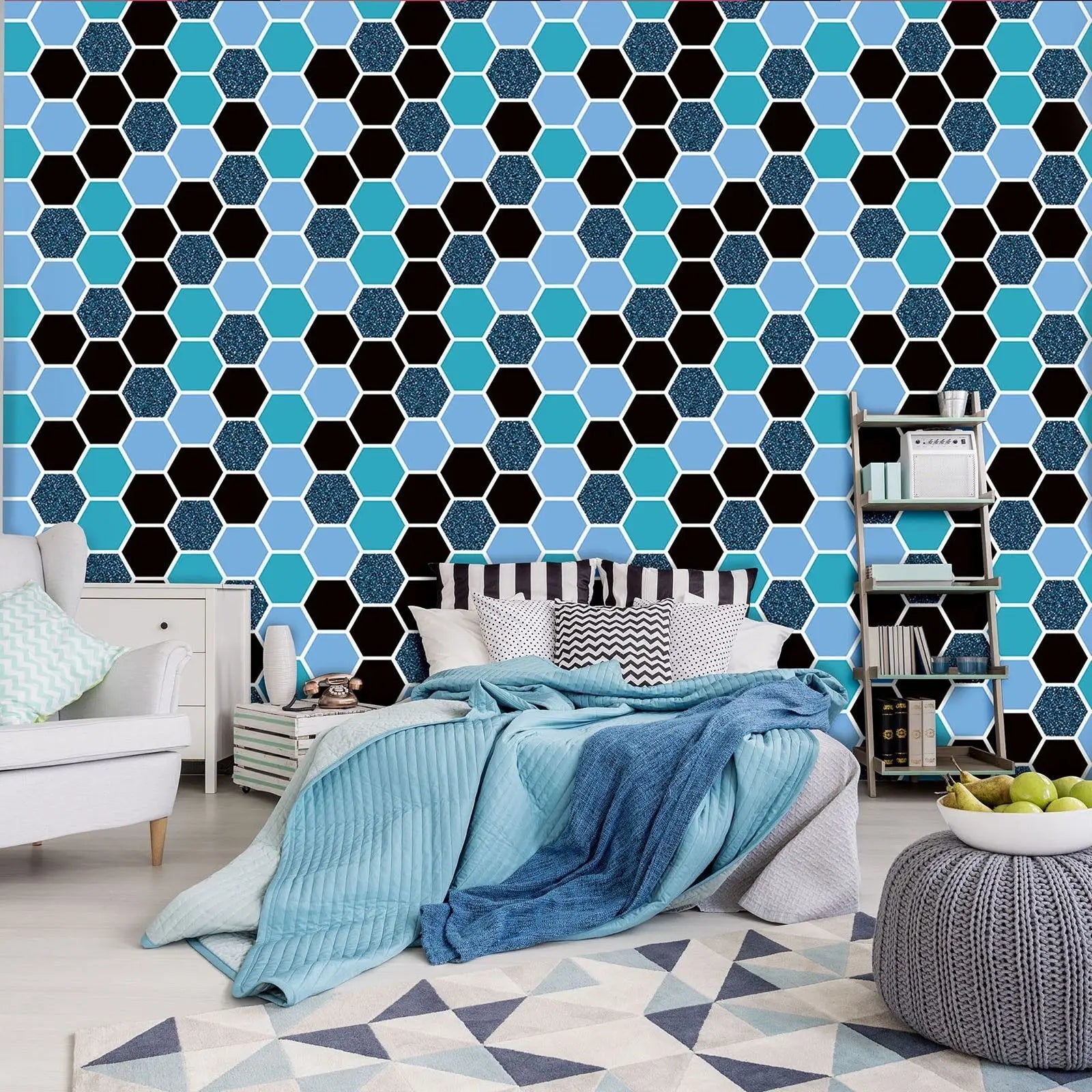 Billede 7 af Fototapet - Hexagonmønster i lyseblå, mørkeblå og sort