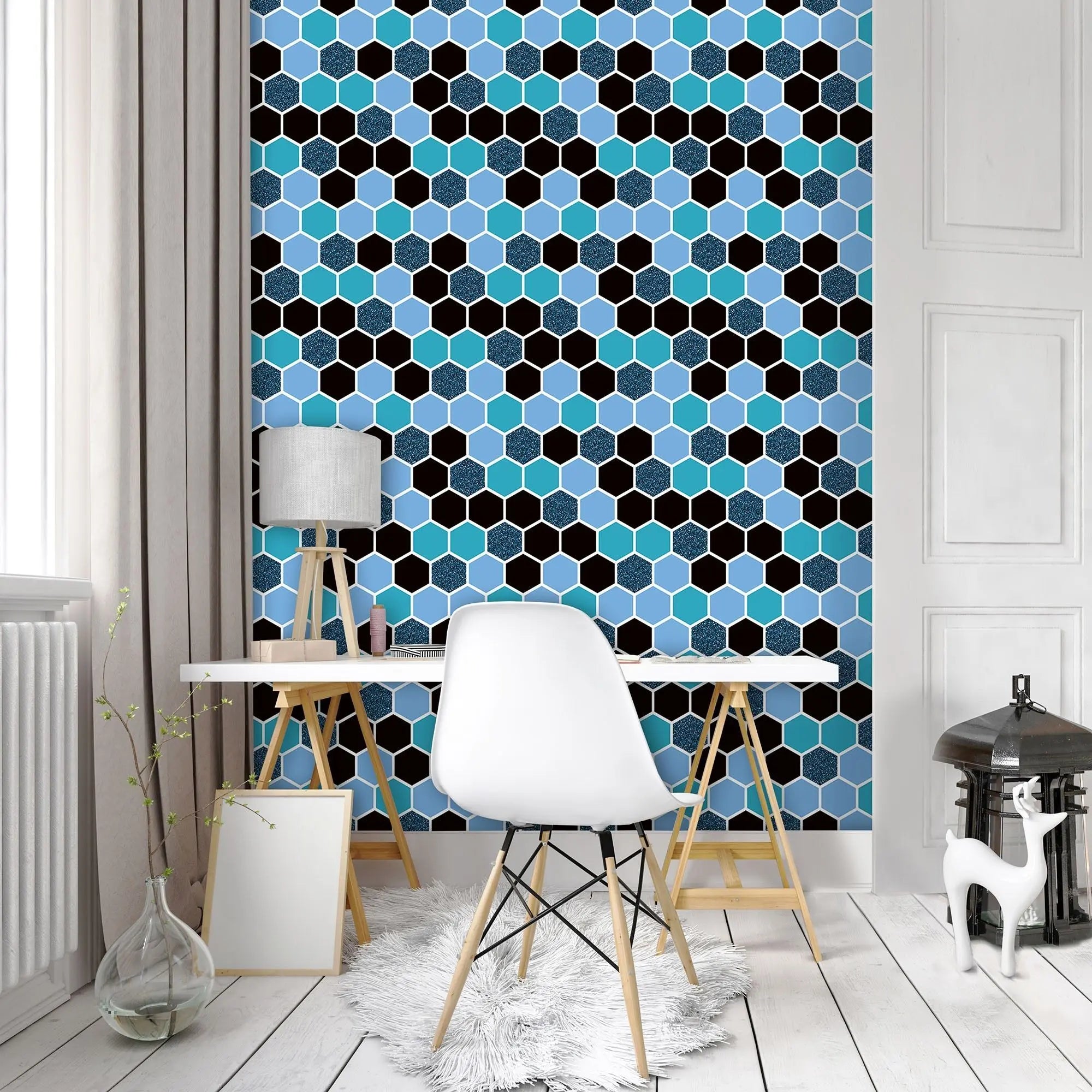 Billede 8 af Fototapet - Hexagonmønster i lyseblå, mørkeblå og sort