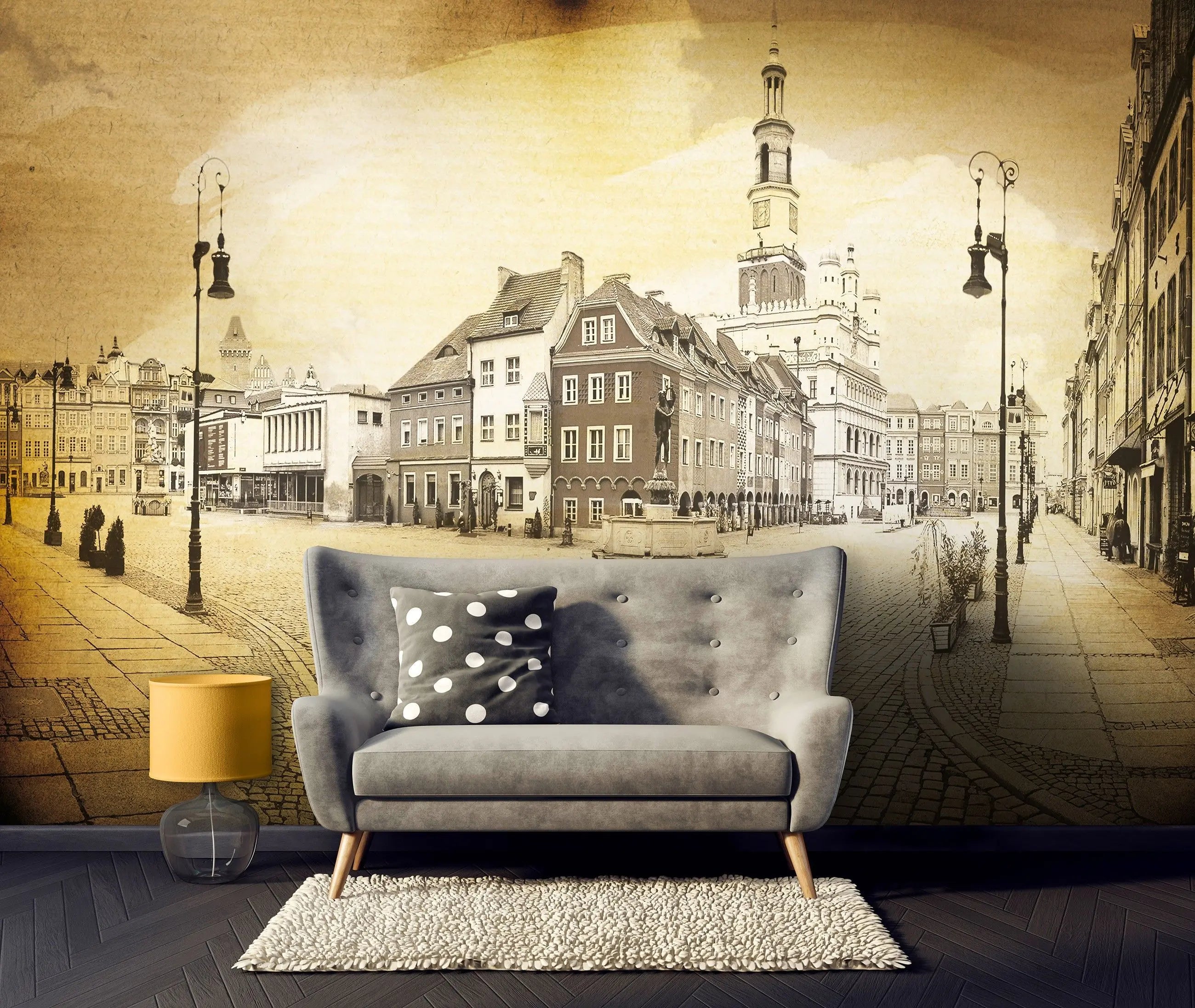 Billede 2 af Fototapet - Historisk bytorv med gamle bygninger i sepia