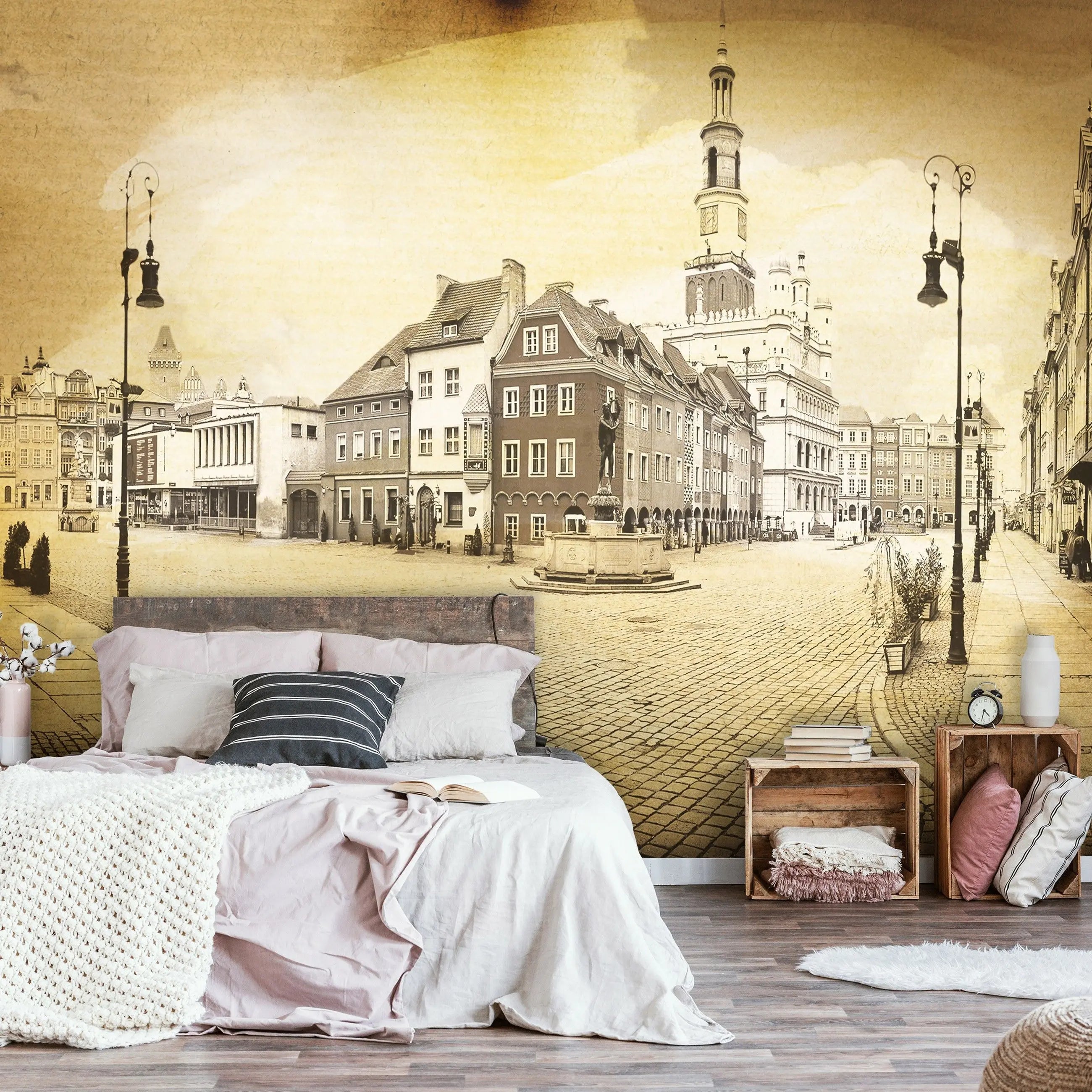 Billede 4 af Fototapet - Historisk bytorv med gamle bygninger i sepia