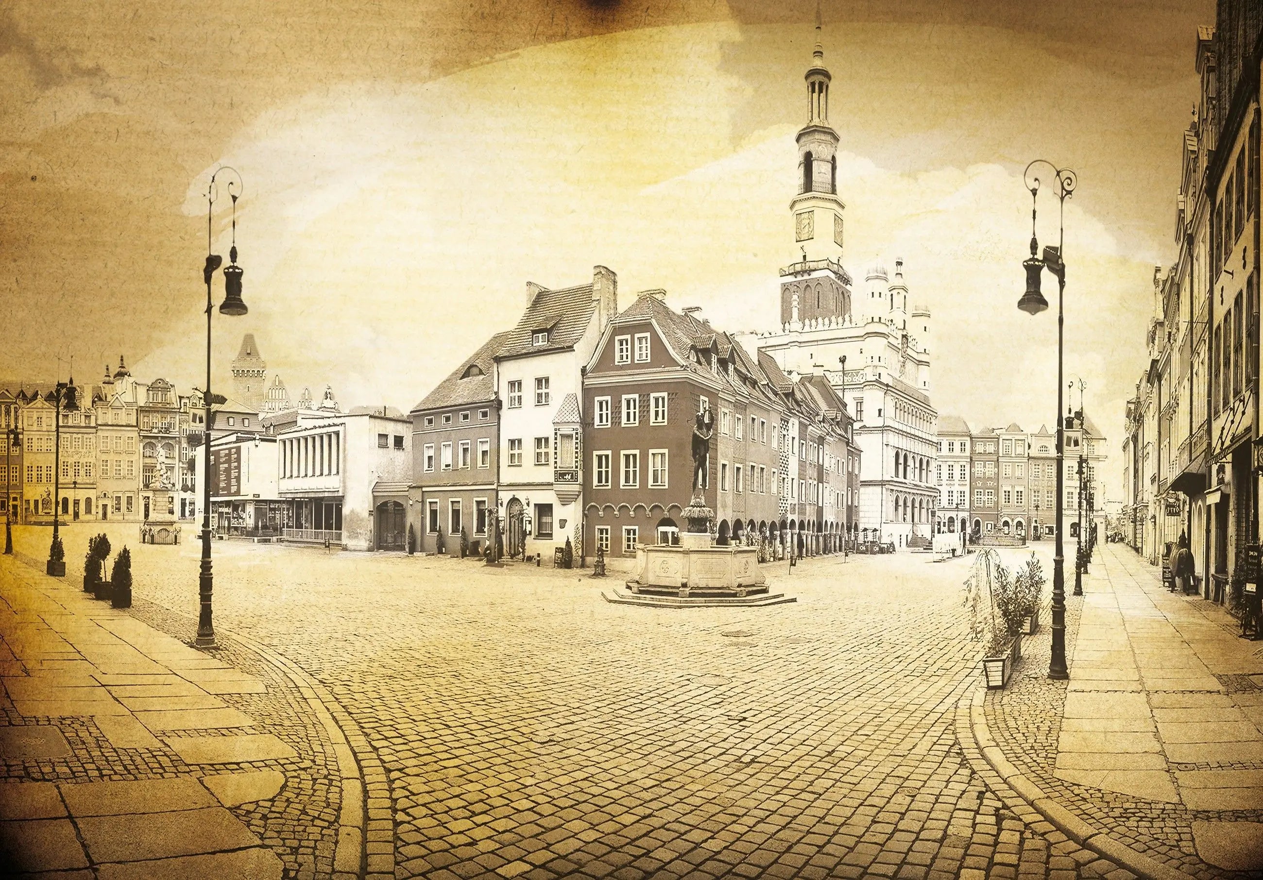 Billede 7 af Fototapet - Historisk bytorv med gamle bygninger i sepia