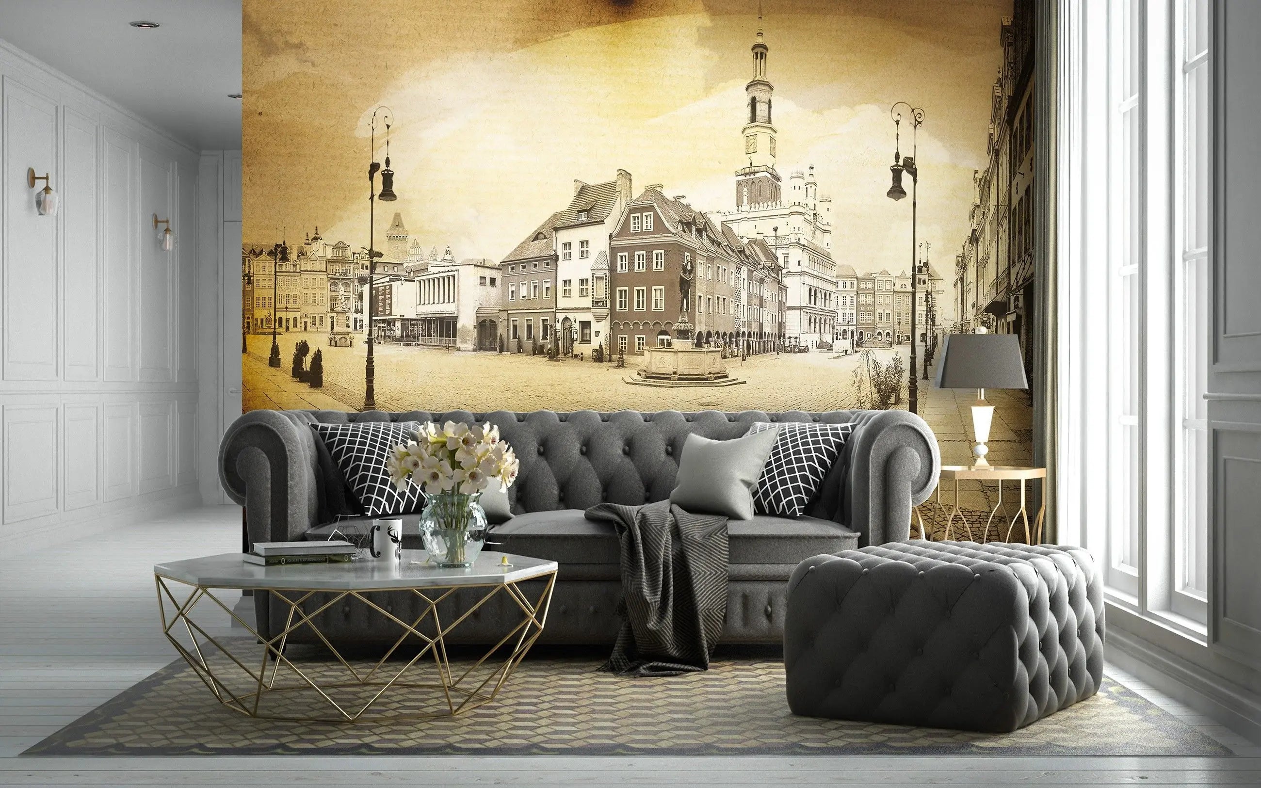 Billede 8 af Fototapet - Historisk bytorv med gamle bygninger i sepia