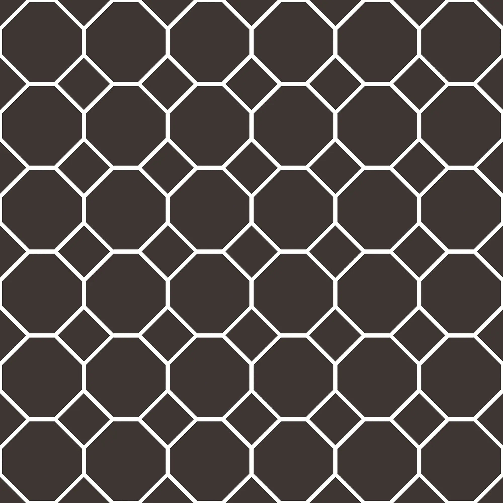 Et detaljeret mønster af Honeycomb - Charcoal tapet med ottekantede og firkantede former i hvid på en mørkegrå baggrund.