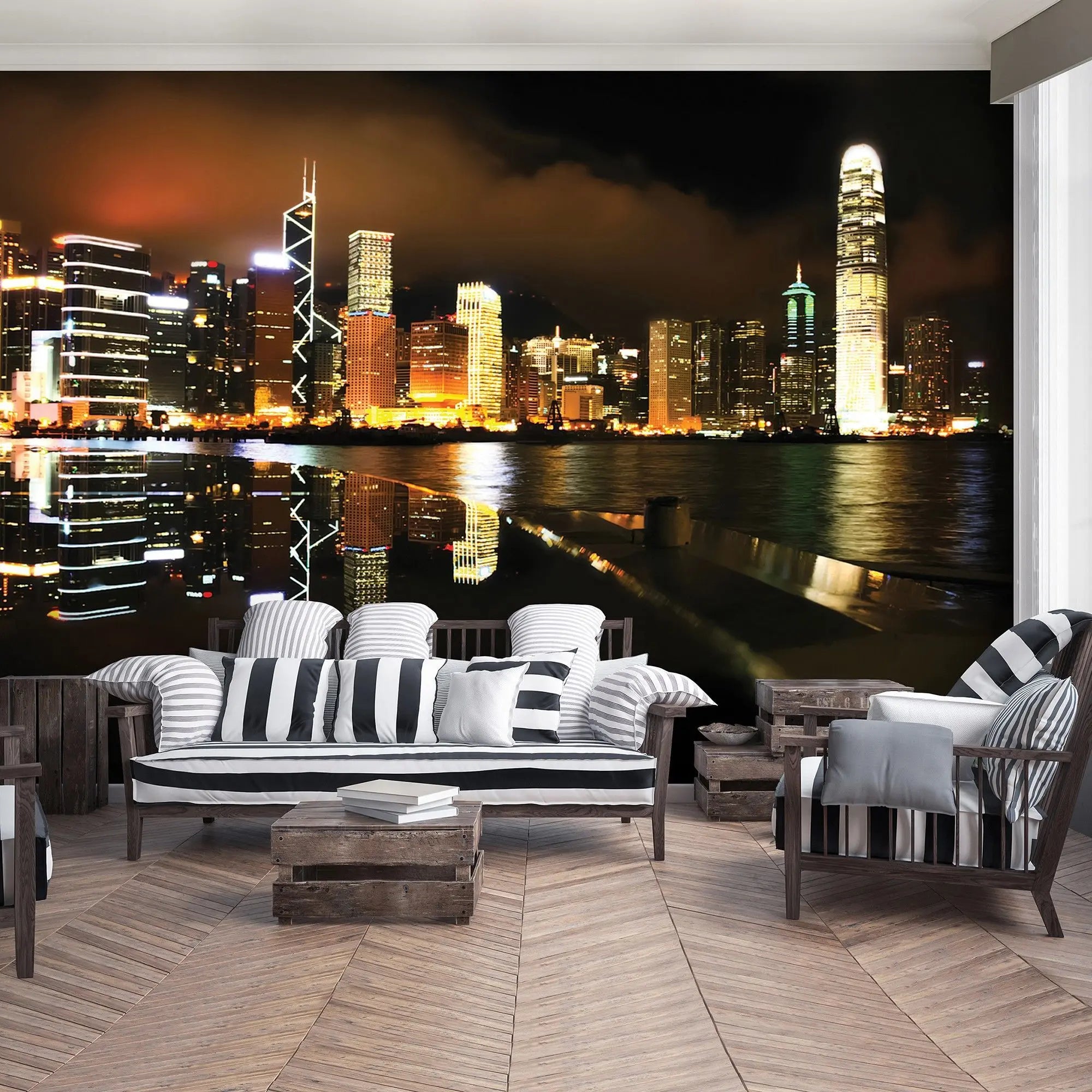 Billede 2 af Fototapet - Hongkong Skyskrabere med Nattelys Refleksion i Vand