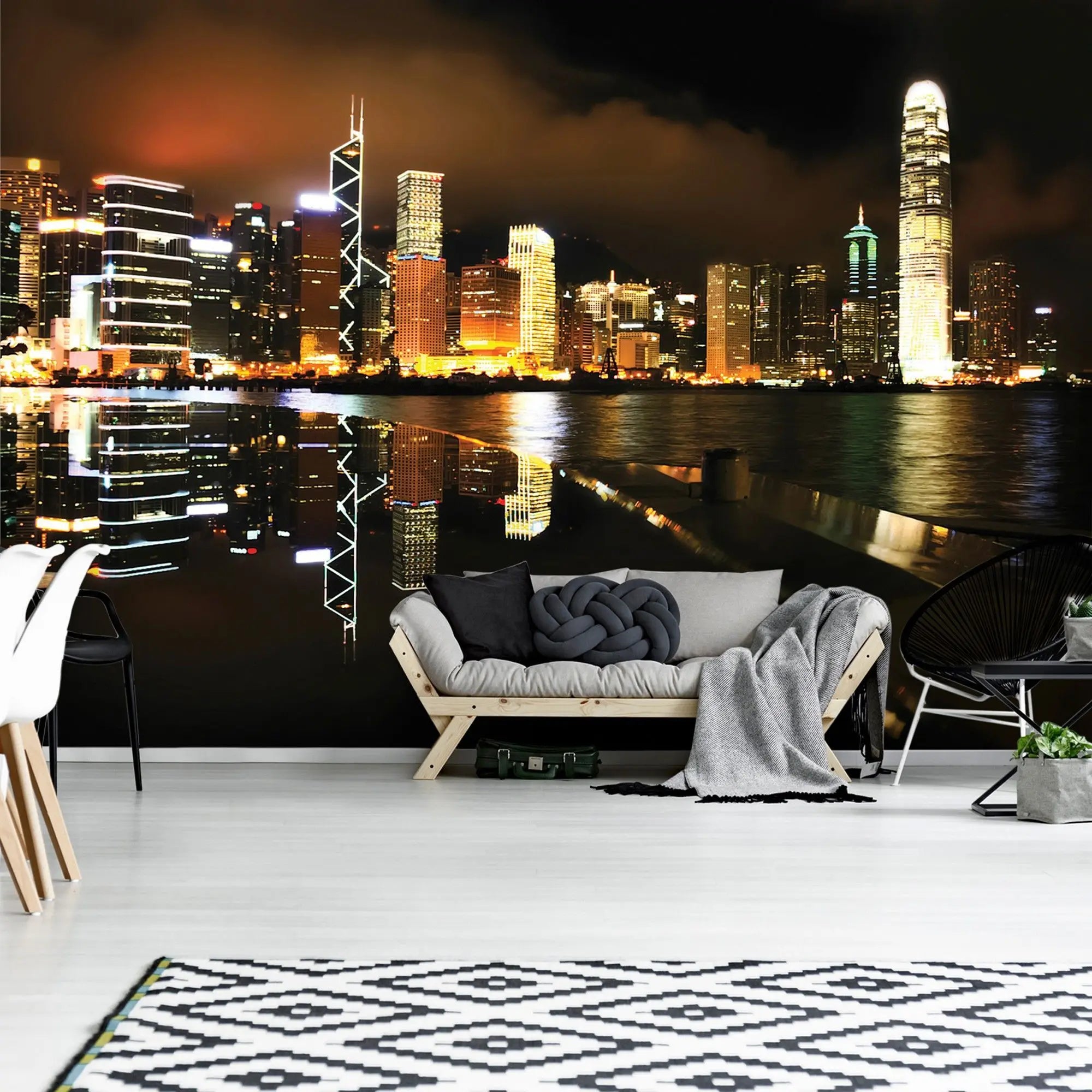 Billede 4 af Fototapet - Hongkong Skyskrabere med Nattelys Refleksion i Vand