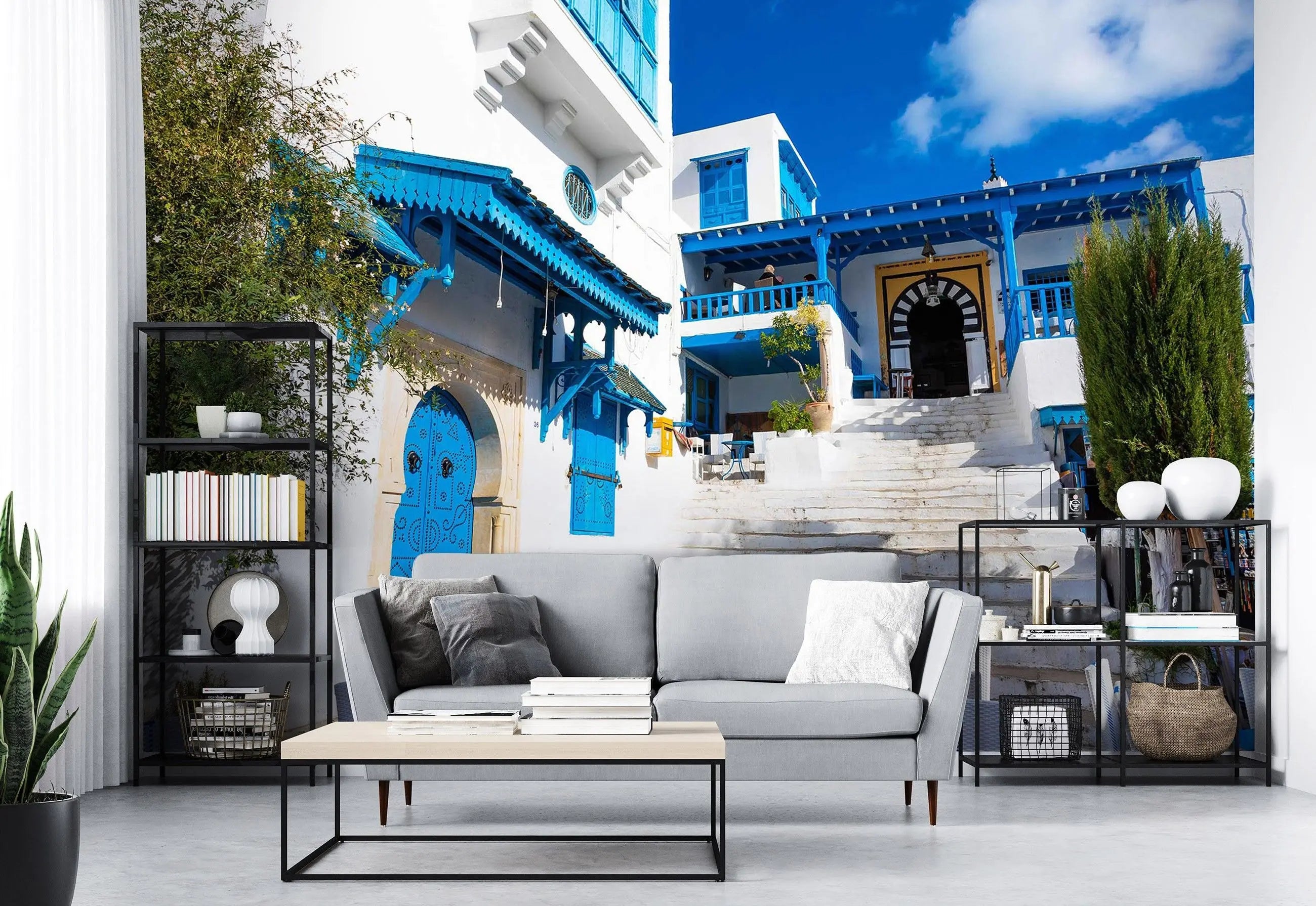 Billede 3 af Fototapet - Hvid bygning med blå døre og trapper i Sidi Bou Said, Tunesien