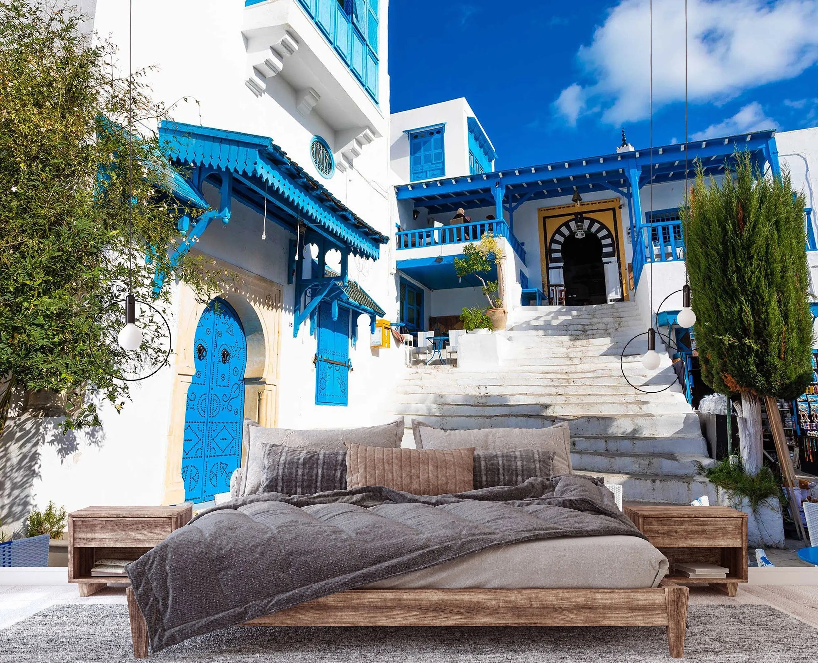 Billede 4 af Fototapet - Hvid bygning med blå døre og trapper i Sidi Bou Said, Tunesien