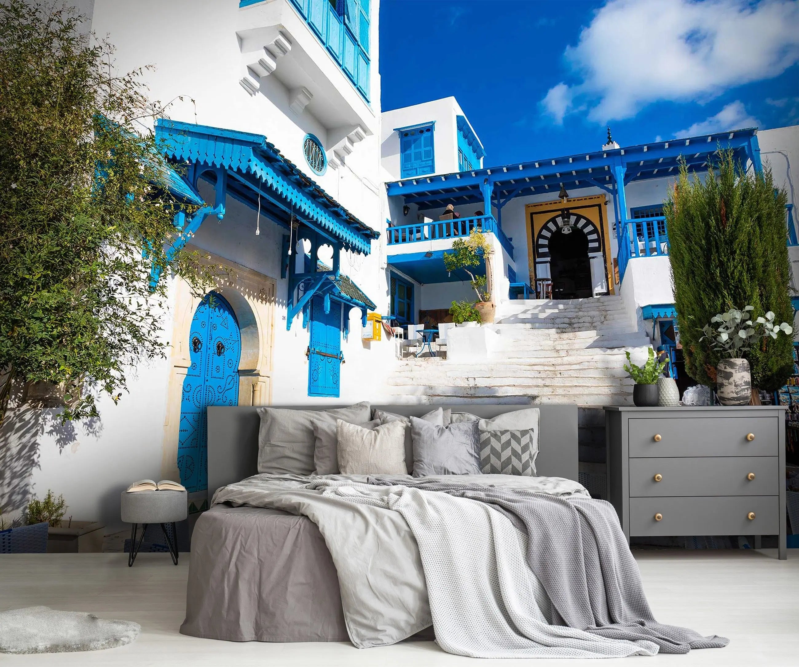 Billede 5 af Fototapet - Hvid bygning med blå døre og trapper i Sidi Bou Said, Tunesien