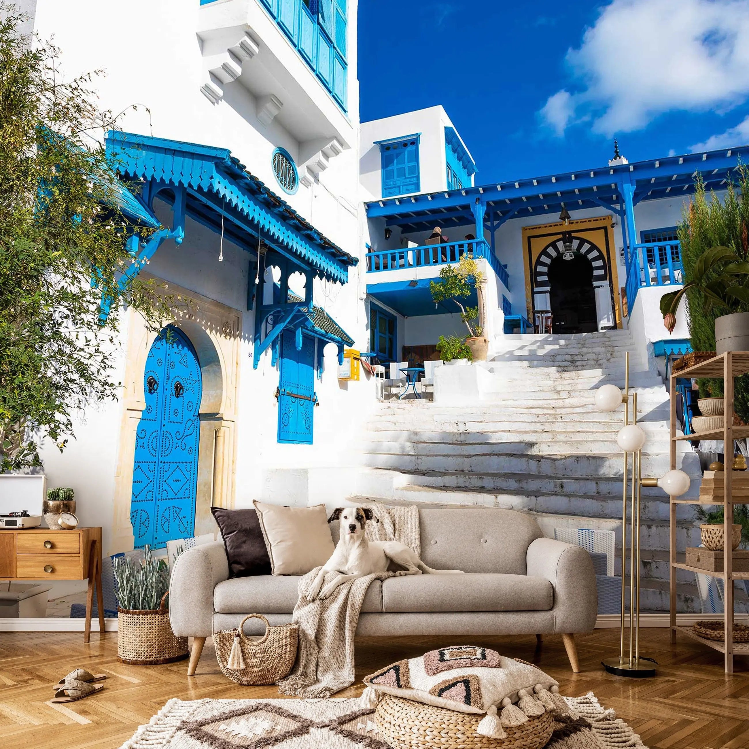 Billede 6 af Fototapet - Hvid bygning med blå døre og trapper i Sidi Bou Said, Tunesien