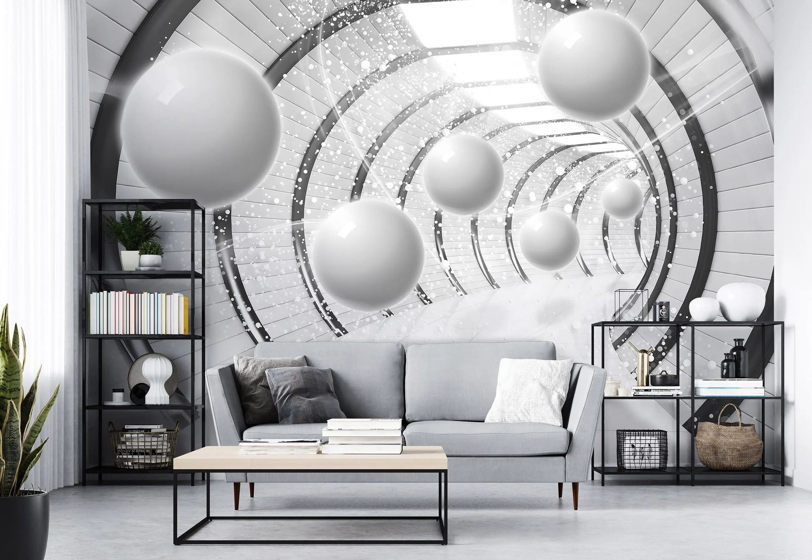 Billede 10 af Fototapet - Hvid futuristisk tunnel med ophængte kugler