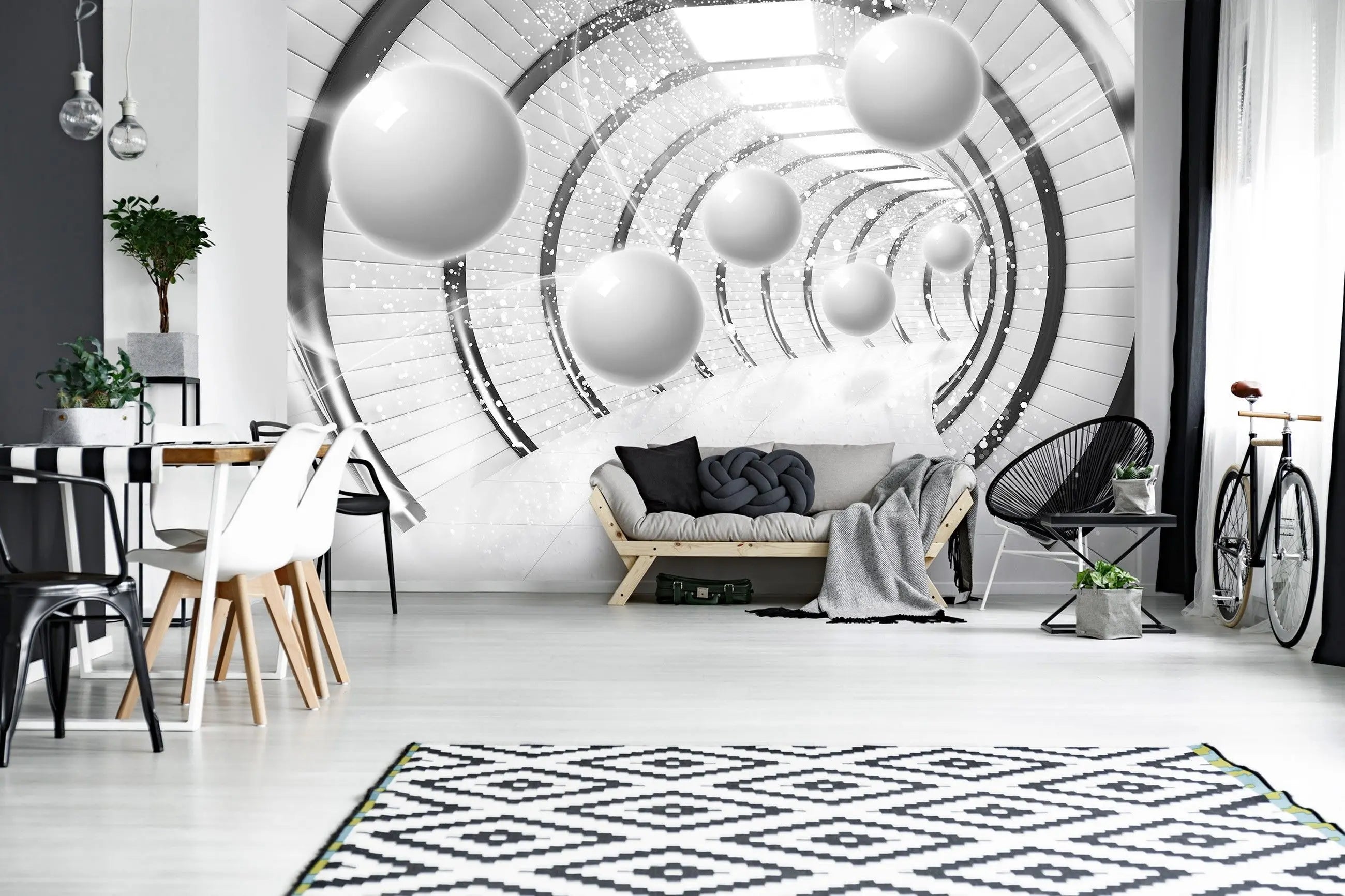 Billede 11 af Fototapet - Hvid futuristisk tunnel med ophængte kugler