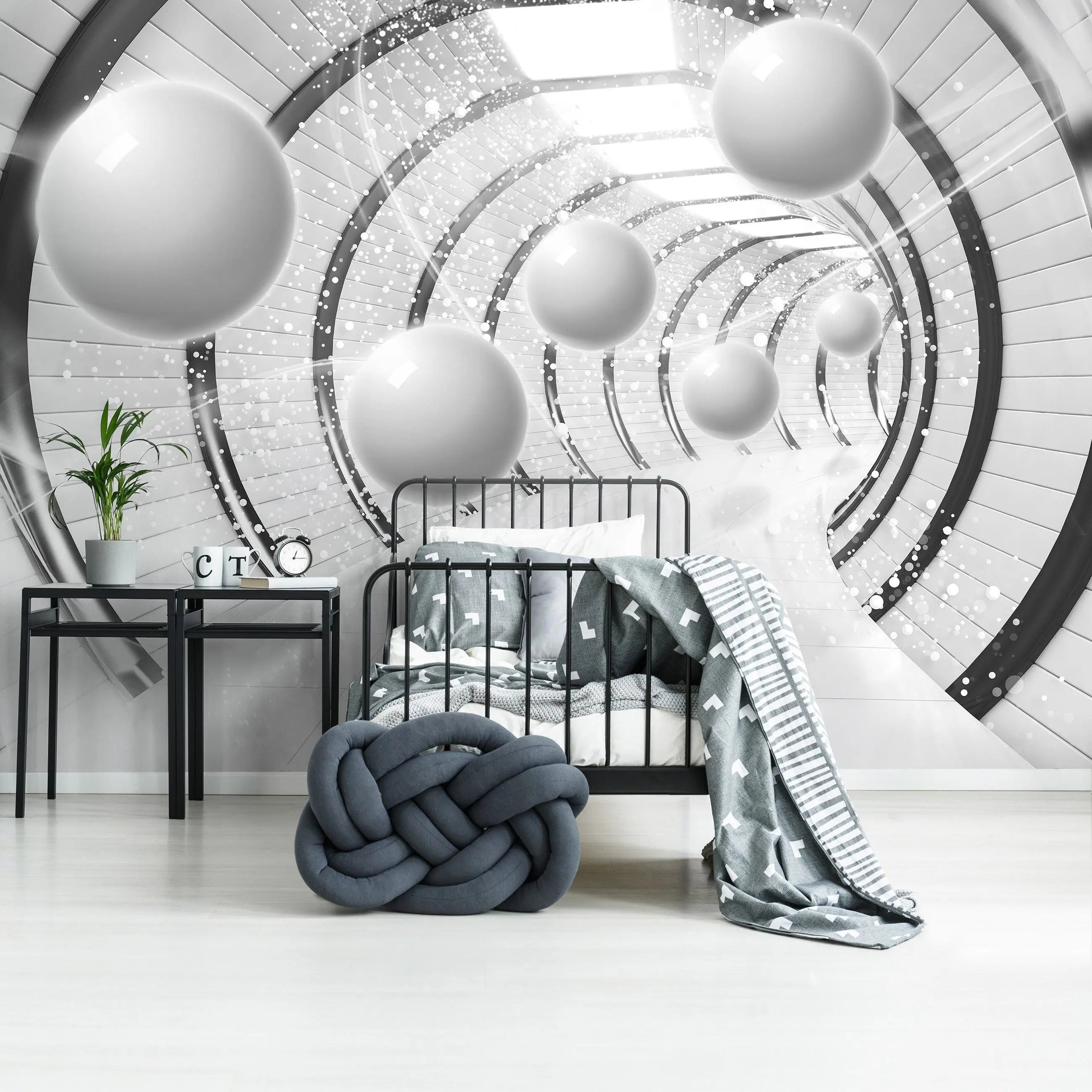 Billede 12 af Fototapet - Hvid futuristisk tunnel med ophængte kugler