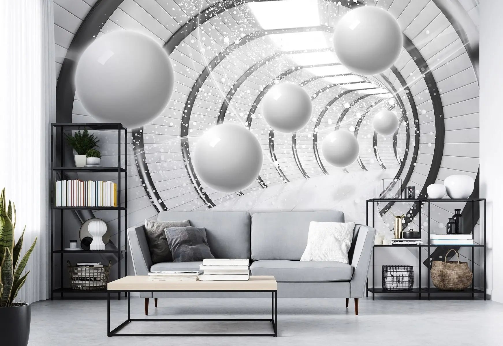 Billede 3 af Fototapet - Hvid futuristisk tunnel med ophængte kugler