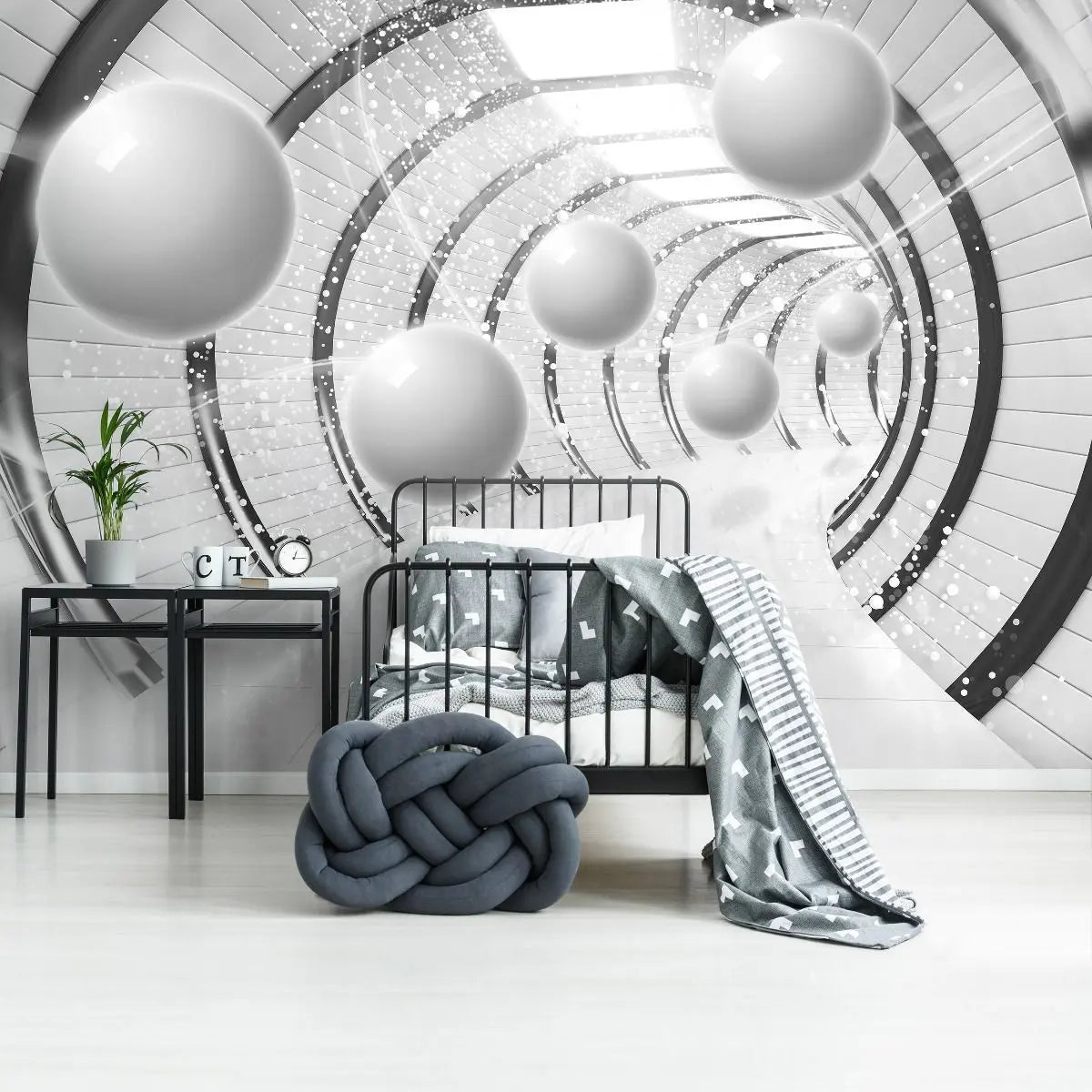 Billede 5 af Fototapet - Hvid futuristisk tunnel med ophængte kugler