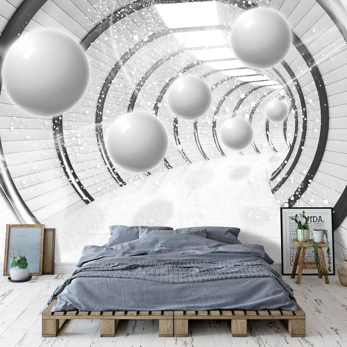Billede 6 af Fototapet - Hvid futuristisk tunnel med ophængte kugler