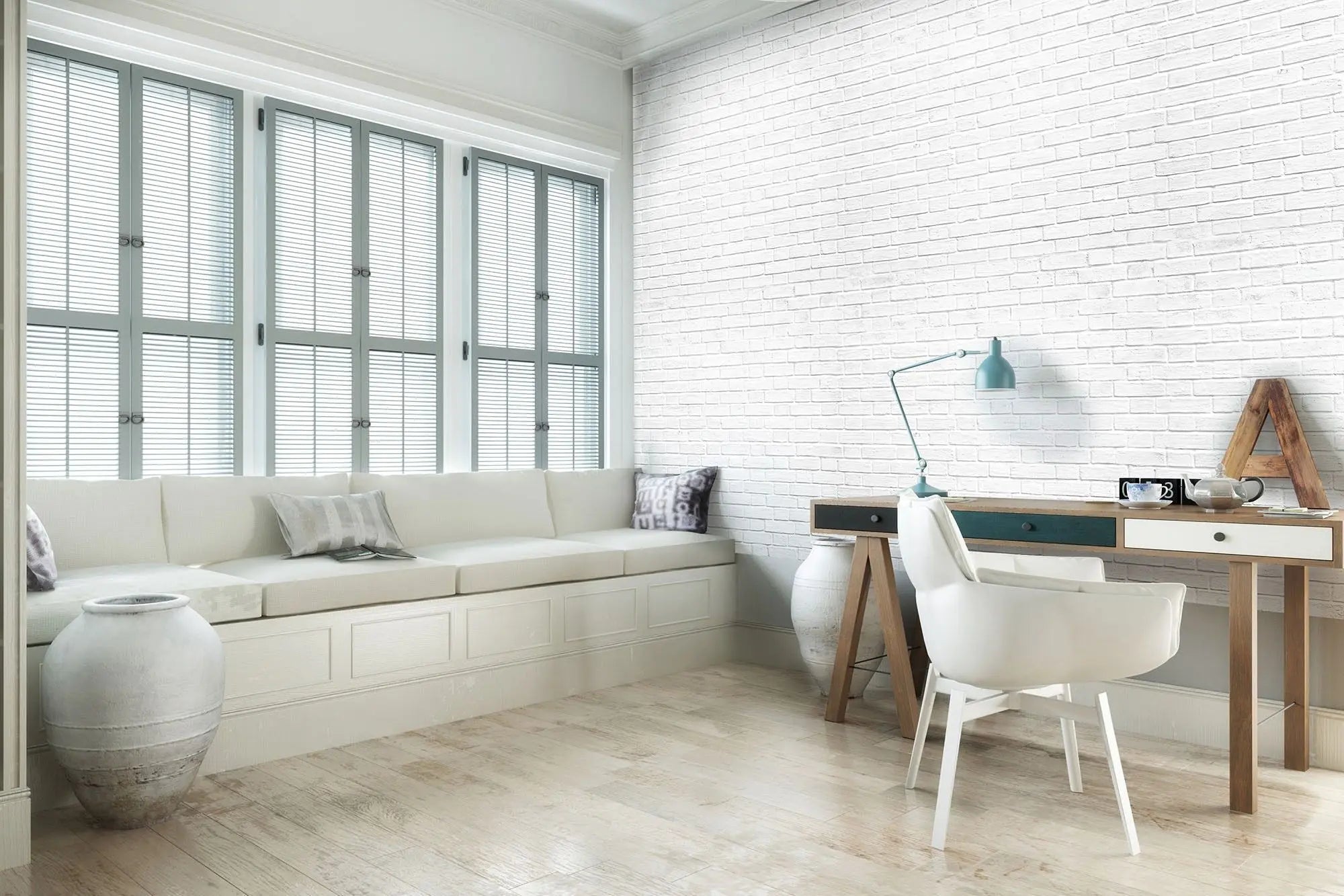 Billede 4 af Fototapet - Hvid murstensvæg set på afstand