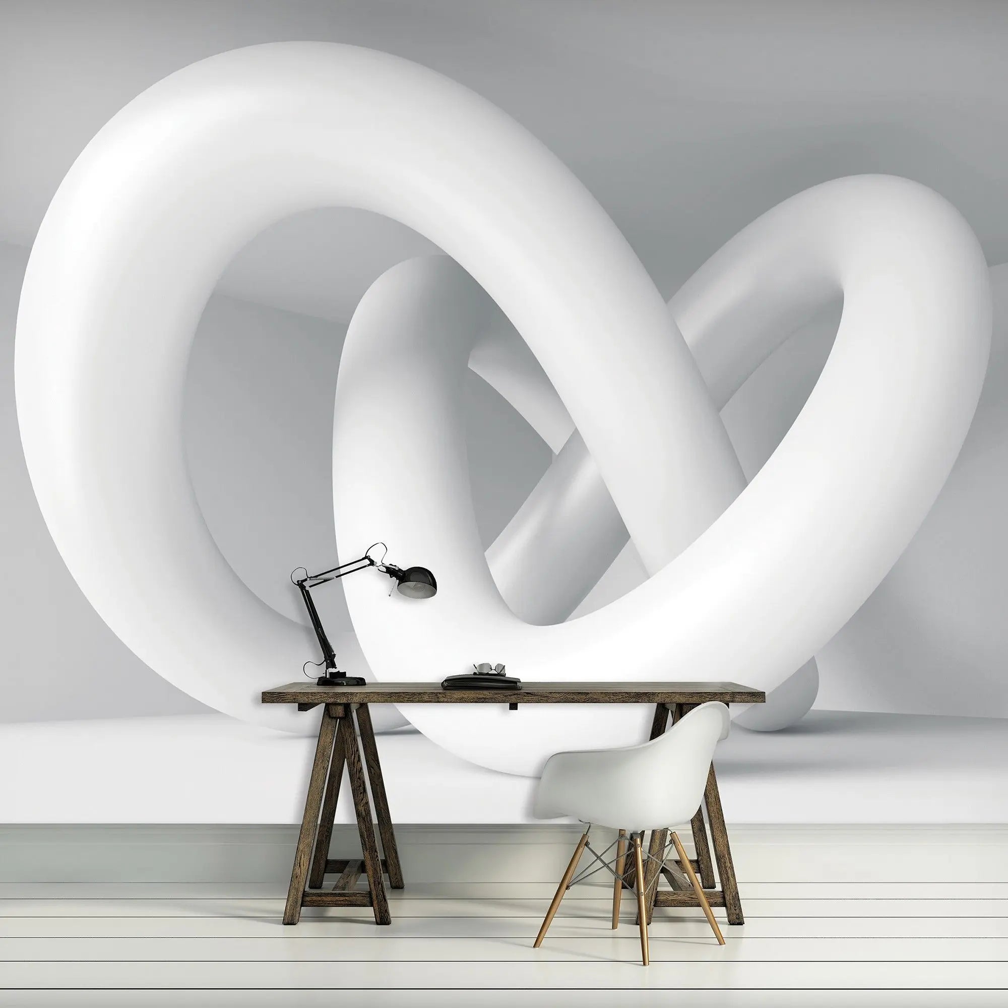 Billede 4 af Fototapet - Hvid tredimensionel sammenflettet cirkulær skulptur i hjørnet