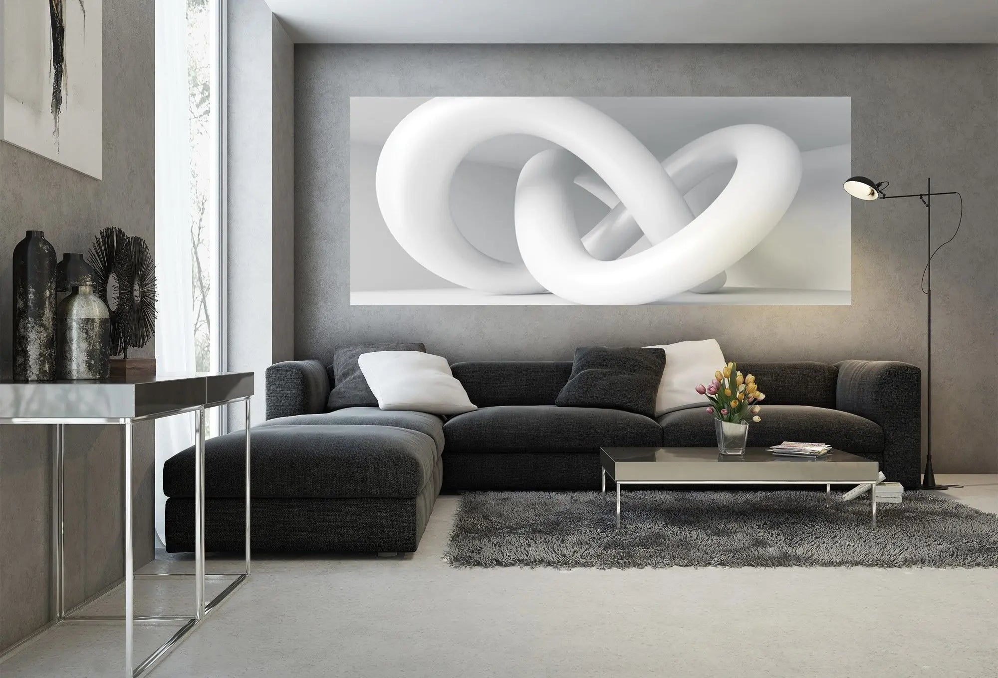 Billede 8 af Fototapet - Hvid tredimensionel sammenflettet cirkulær skulptur i hjørnet