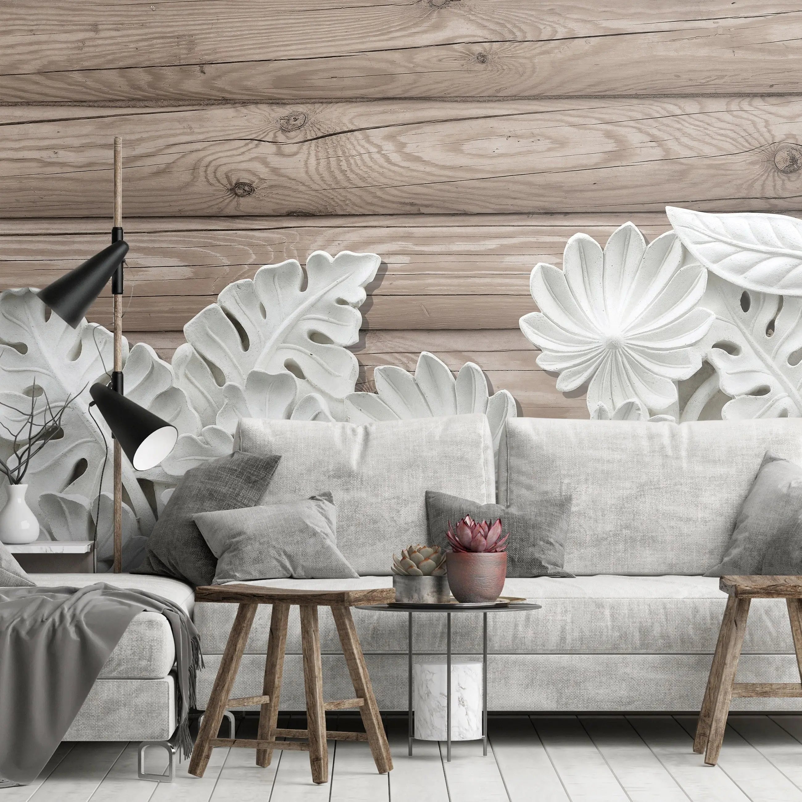 Billede 13 af Fototapet - Hvide blade og blomster på træbaggrund