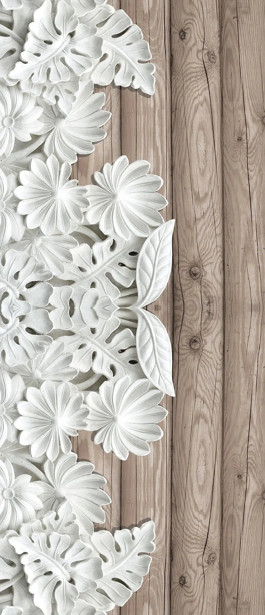 Billede 15 af Fototapet - Hvide blade og blomster på træbaggrund