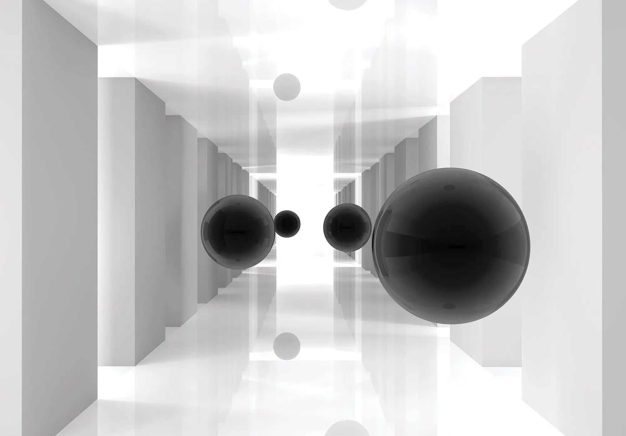 Billede 1 af Fototapet - Hvide korridorer med flyvende sorte kugler