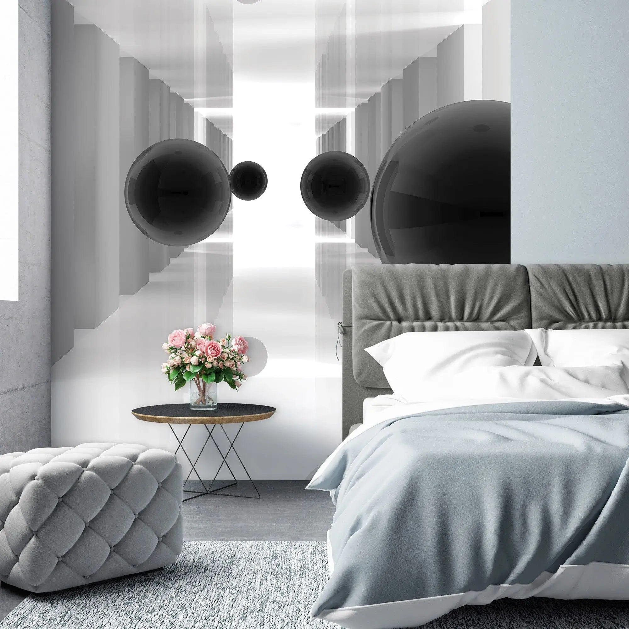 Billede 11 af Fototapet - Hvide korridorer med flyvende sorte kugler