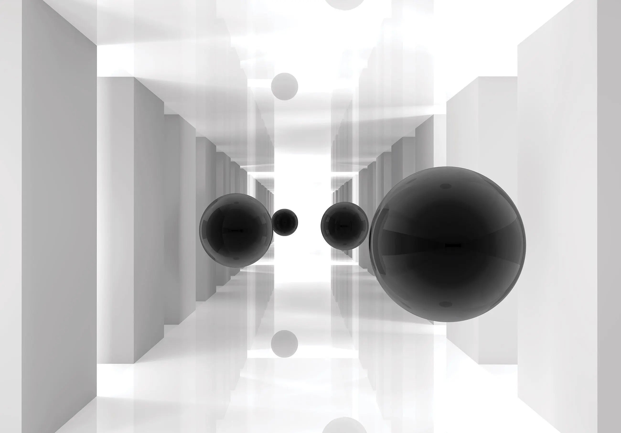 Billede 12 af Fototapet - Hvide korridorer med flyvende sorte kugler