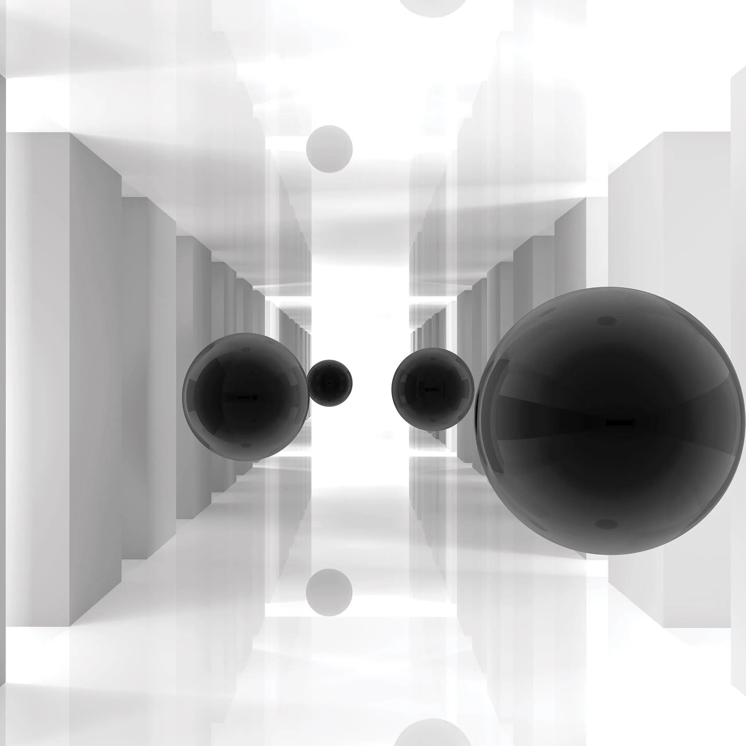 Billede 14 af Fototapet - Hvide korridorer med flyvende sorte kugler