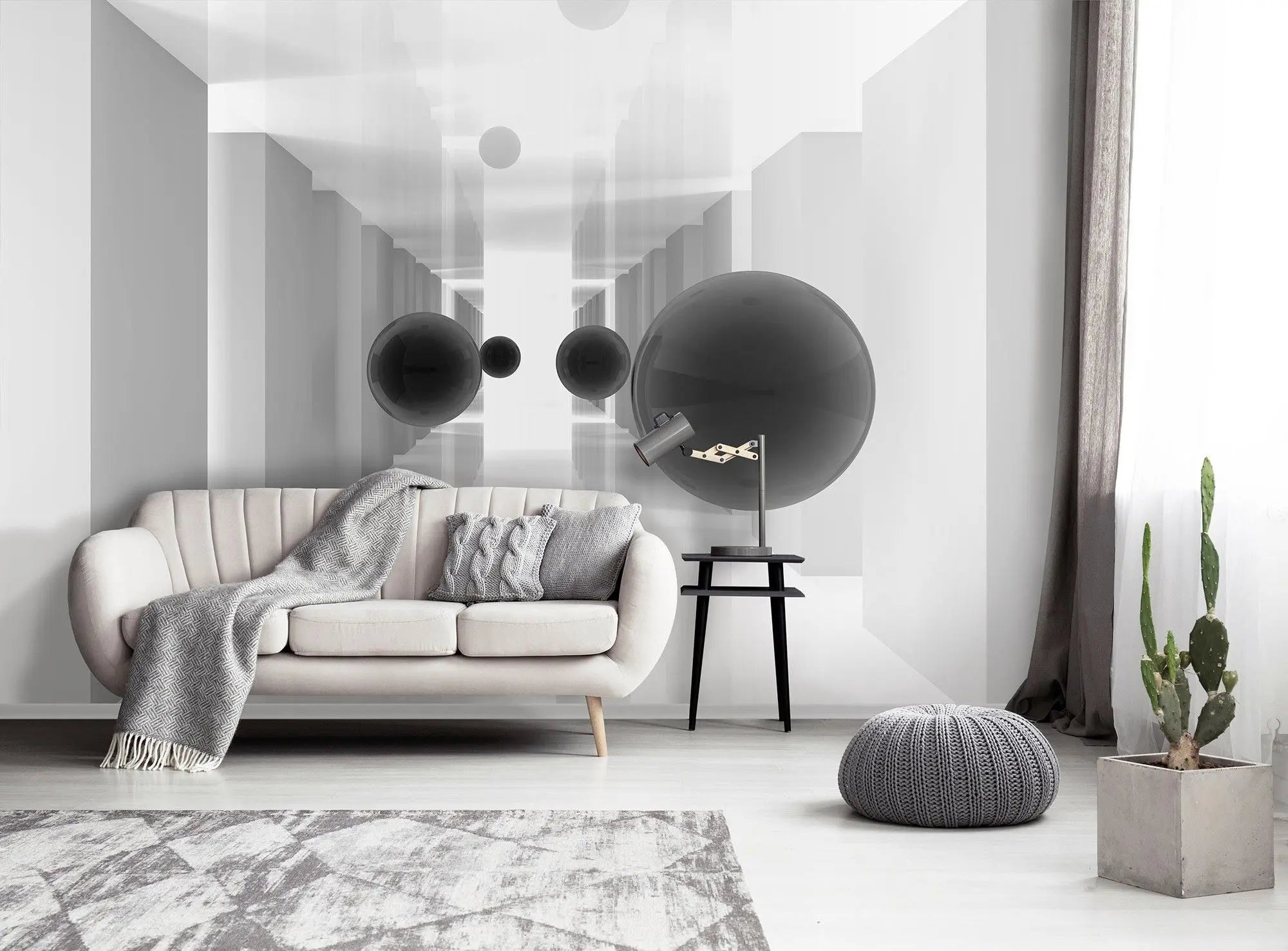 Billede 4 af Fototapet - Hvide korridorer med flyvende sorte kugler