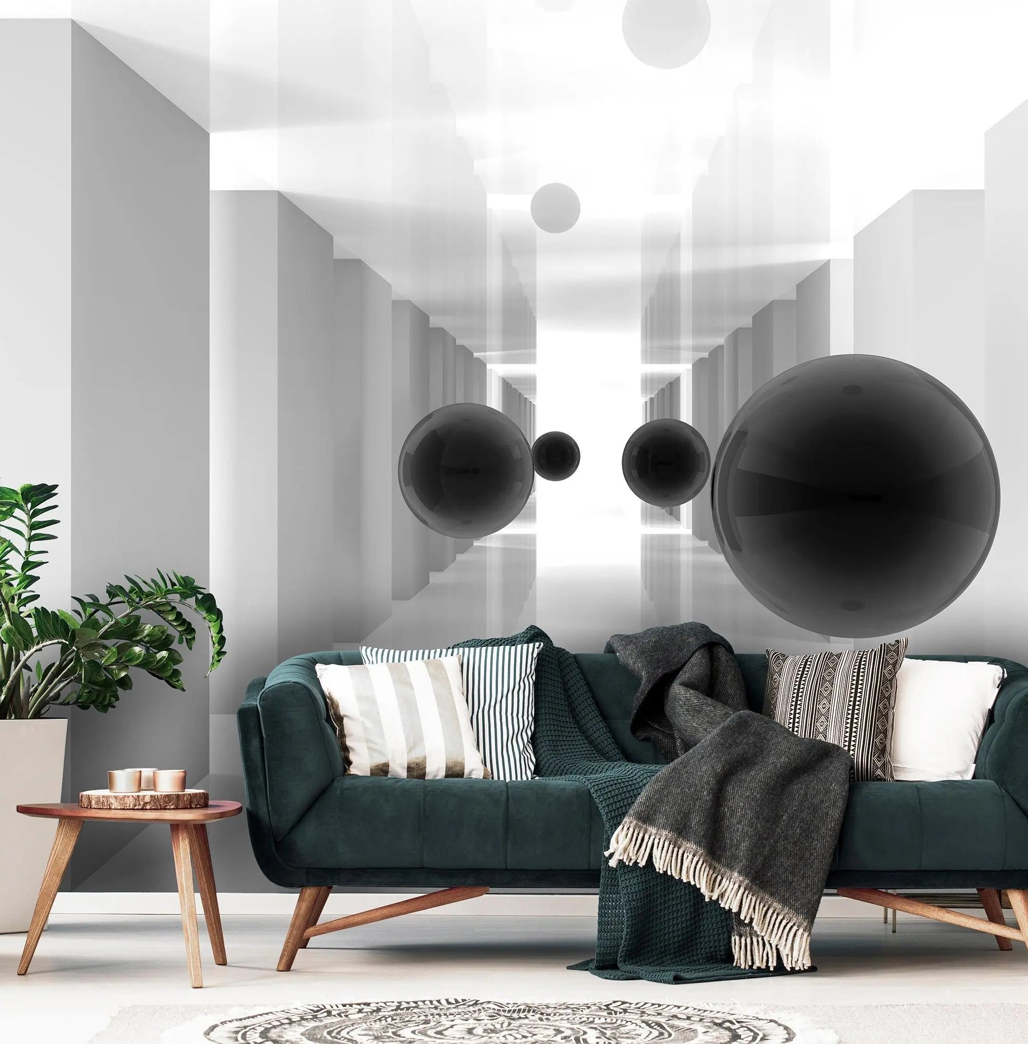 Billede 5 af Fototapet - Hvide korridorer med flyvende sorte kugler