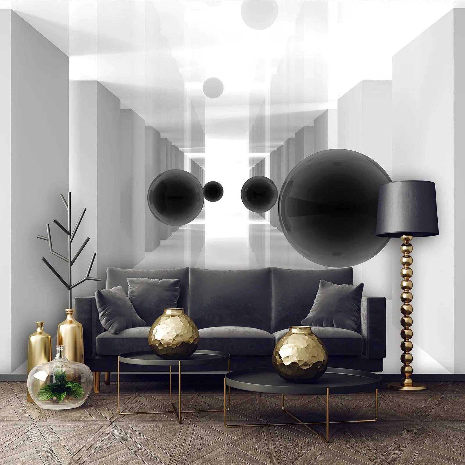 Billede 6 af Fototapet - Hvide korridorer med flyvende sorte kugler