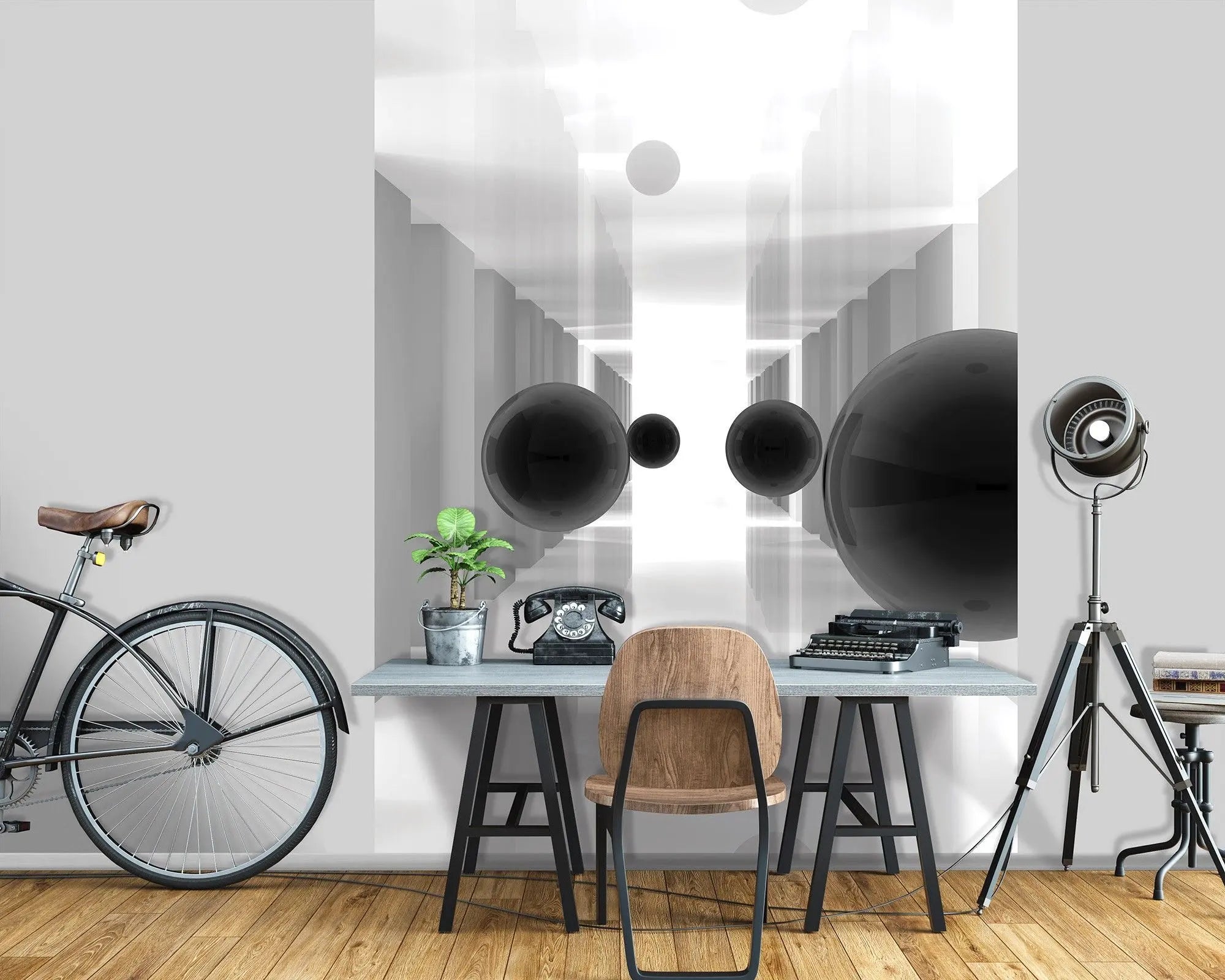 Billede 9 af Fototapet - Hvide korridorer med flyvende sorte kugler