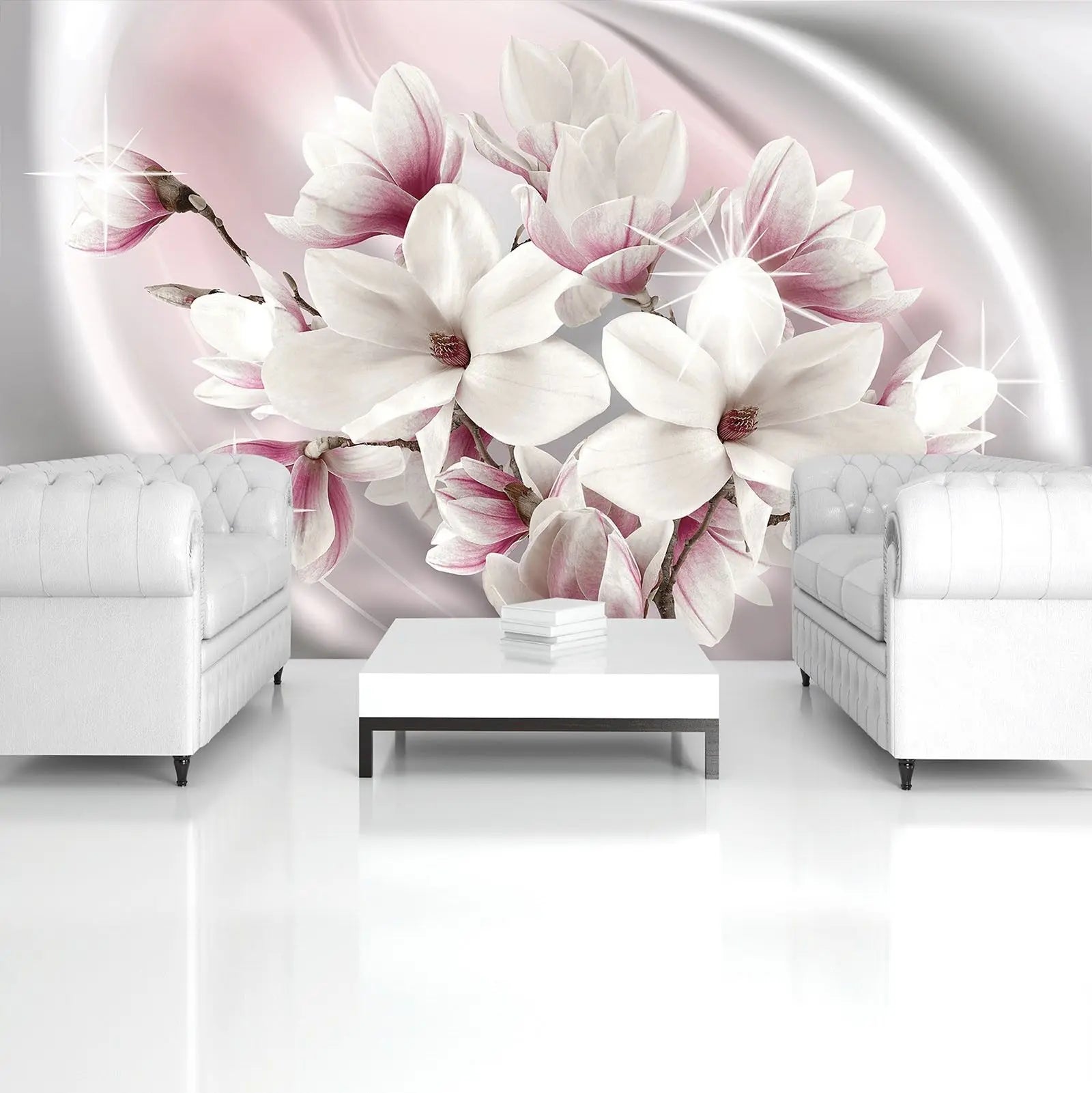 Billede 6 af Fototapet - Hvide og lyserøde magnoliablomster på abstrakt baggrund