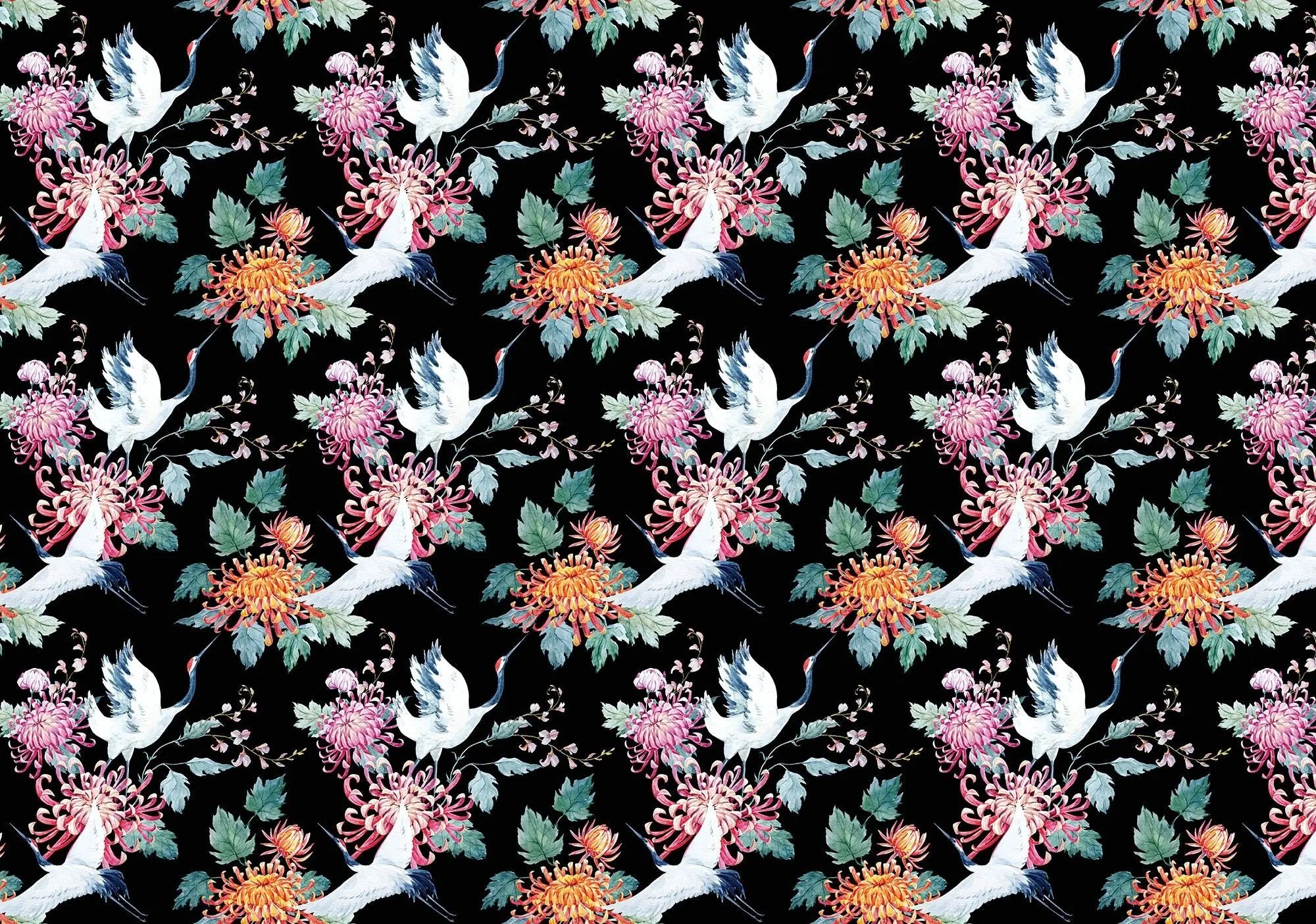 Billede 1 af Fototapet - Hvide traner med farverige blomster på sort baggrund