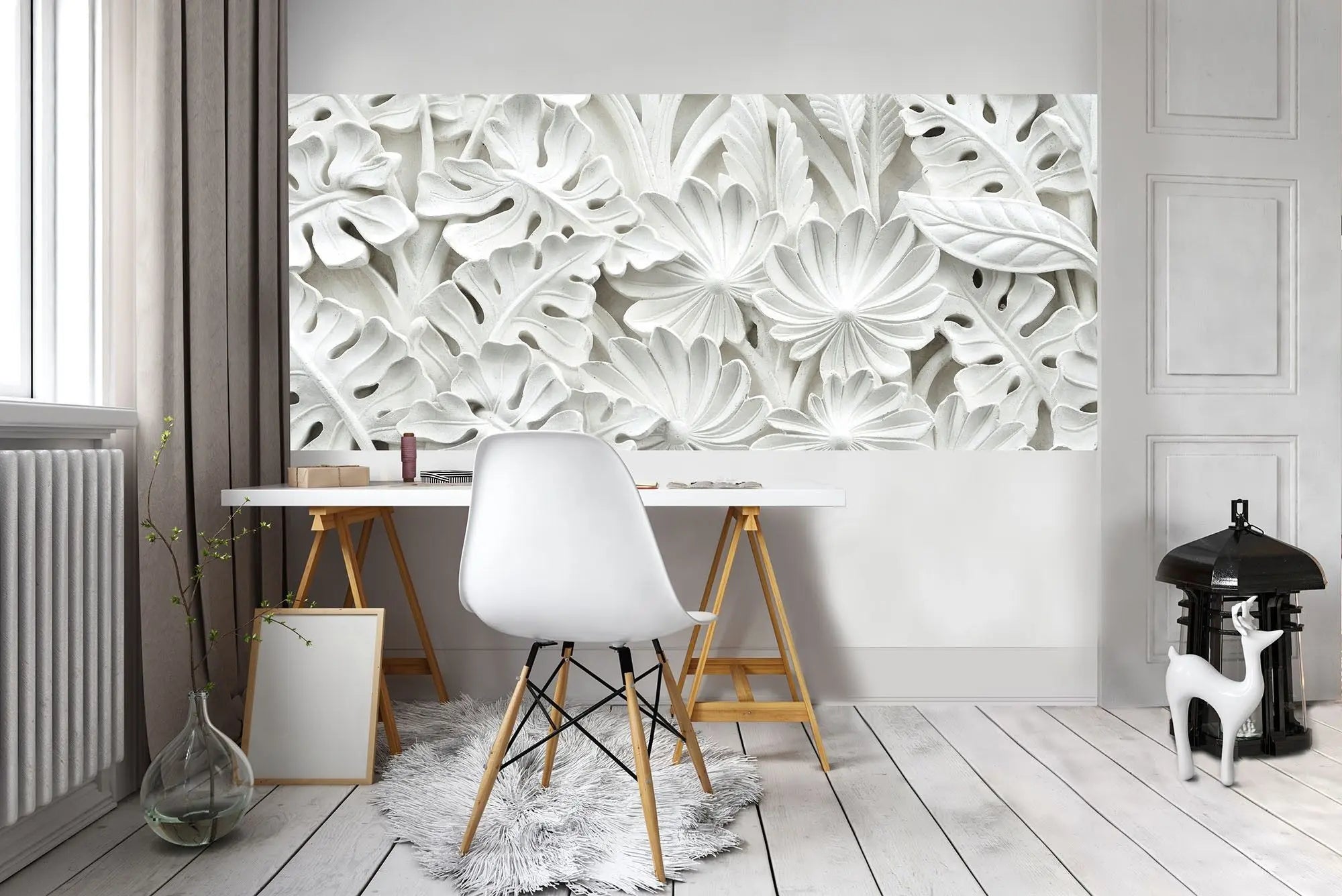 Billede 10 af Fototapet - Hvidt blomstermønster med blade i relief