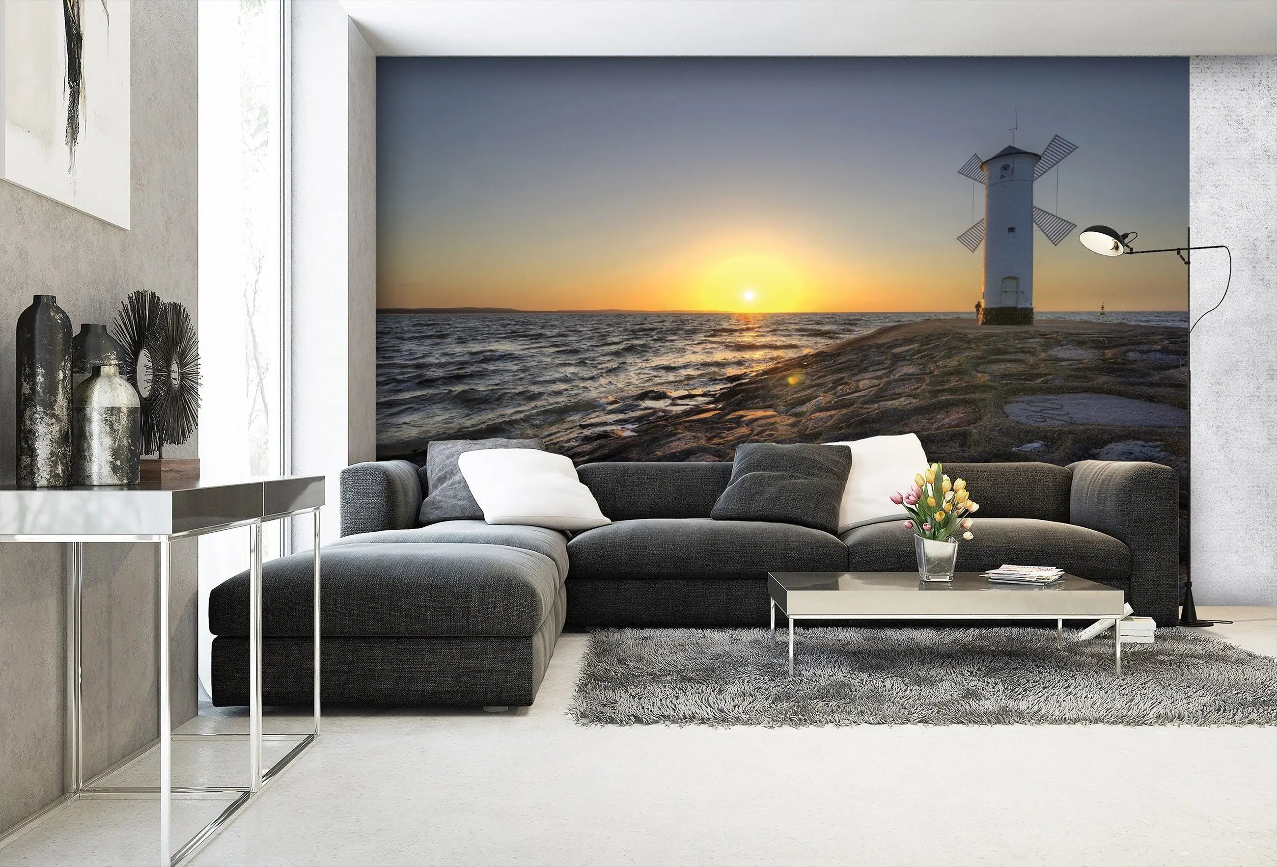 Billede 9 af Fototapet - Hvidt fyr ved havet i solnedgang