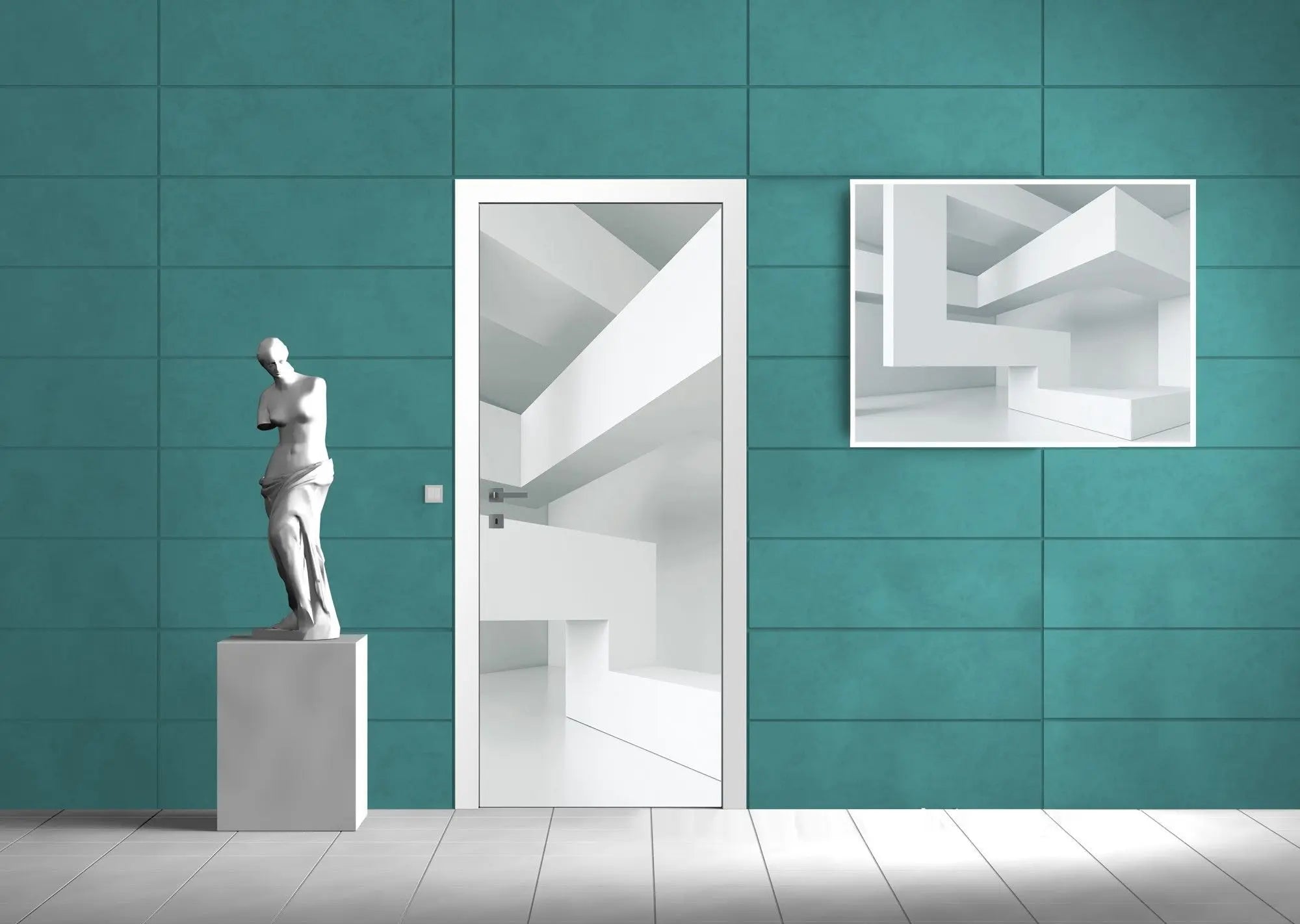 Billede 7 af Fototapet - Hvidt minimalistisk rum med geometriske former